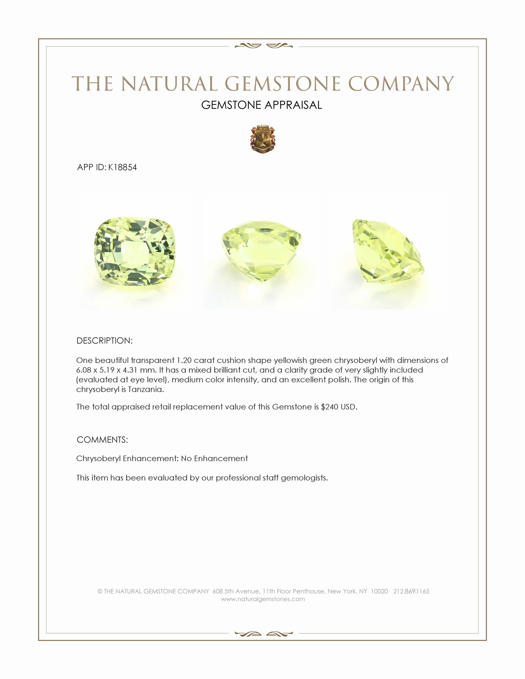 1.20 Ct. Yellowish Green Chrysoberyl from Tanzania