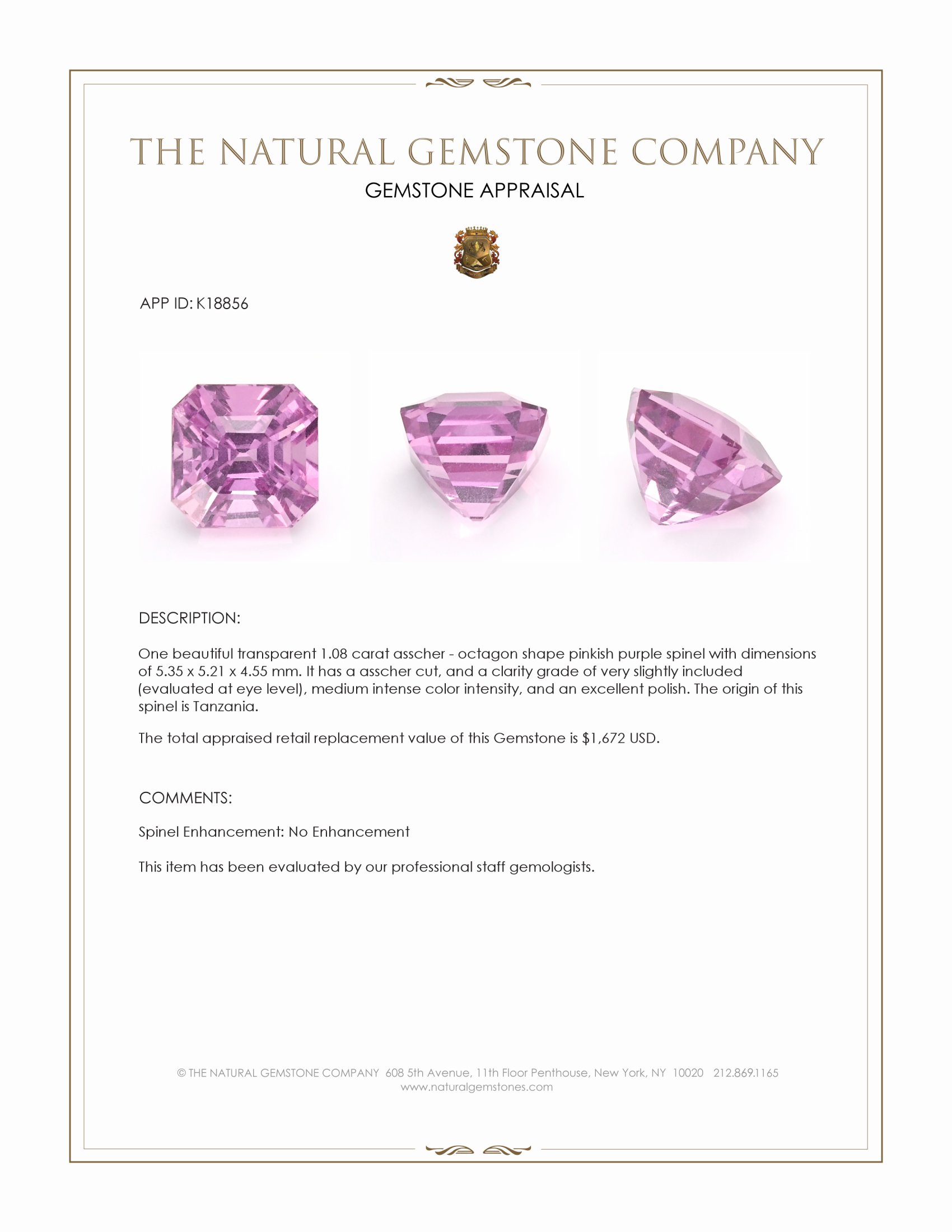 1.08 Ct. Pinkish Purple Spinel from Tanzania