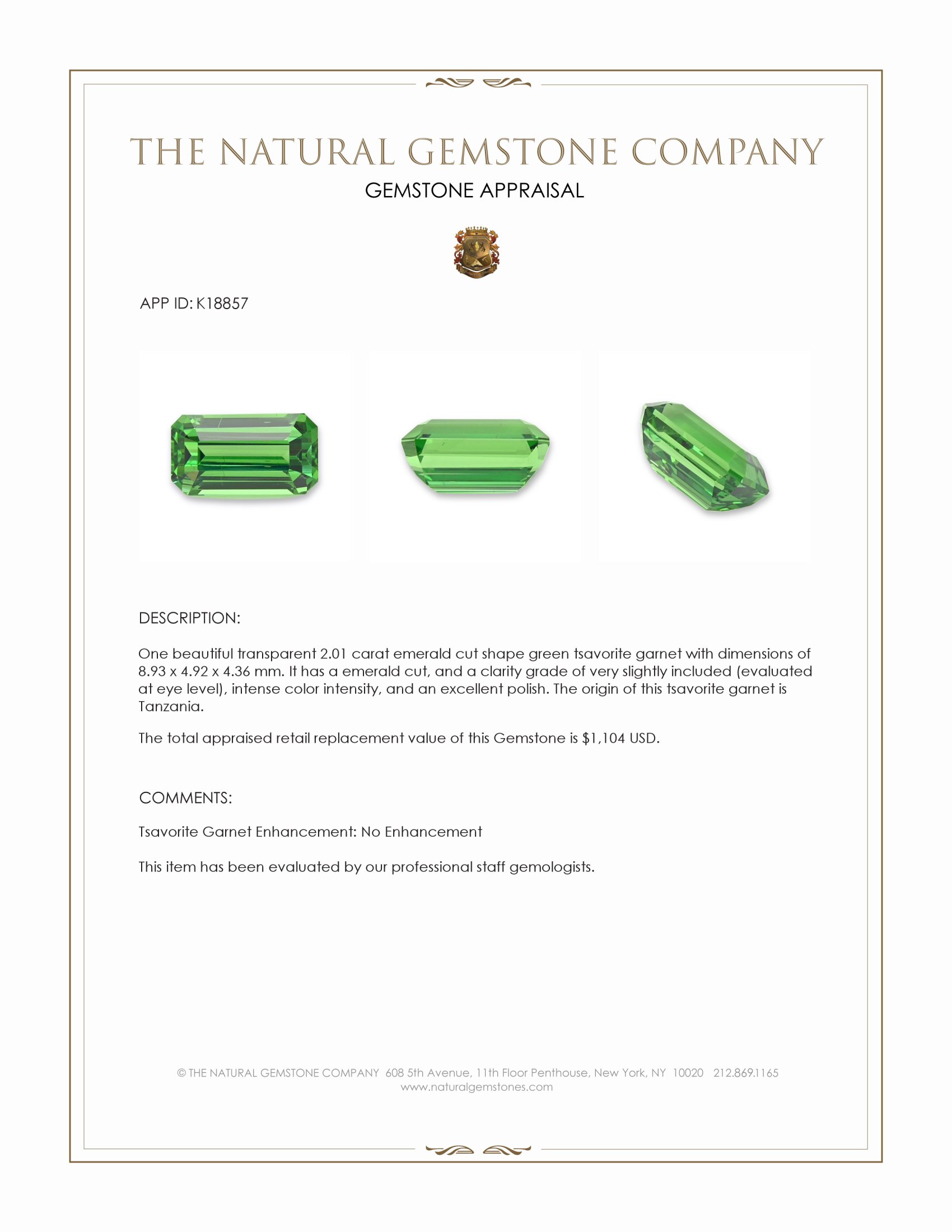 2.01 Ct. Tsavorite Garnet from Tanzania