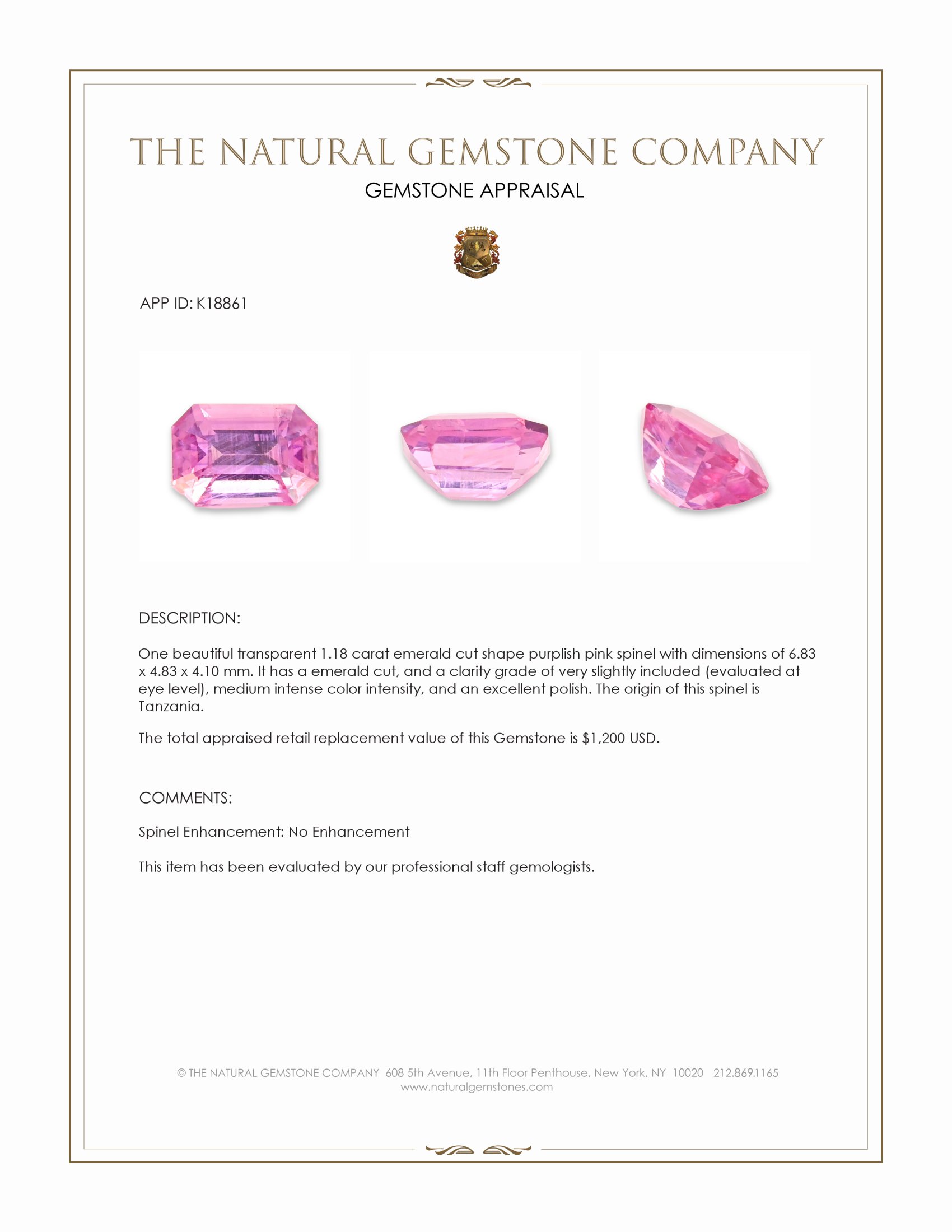 1.18 Ct. Spinel from Tanzania