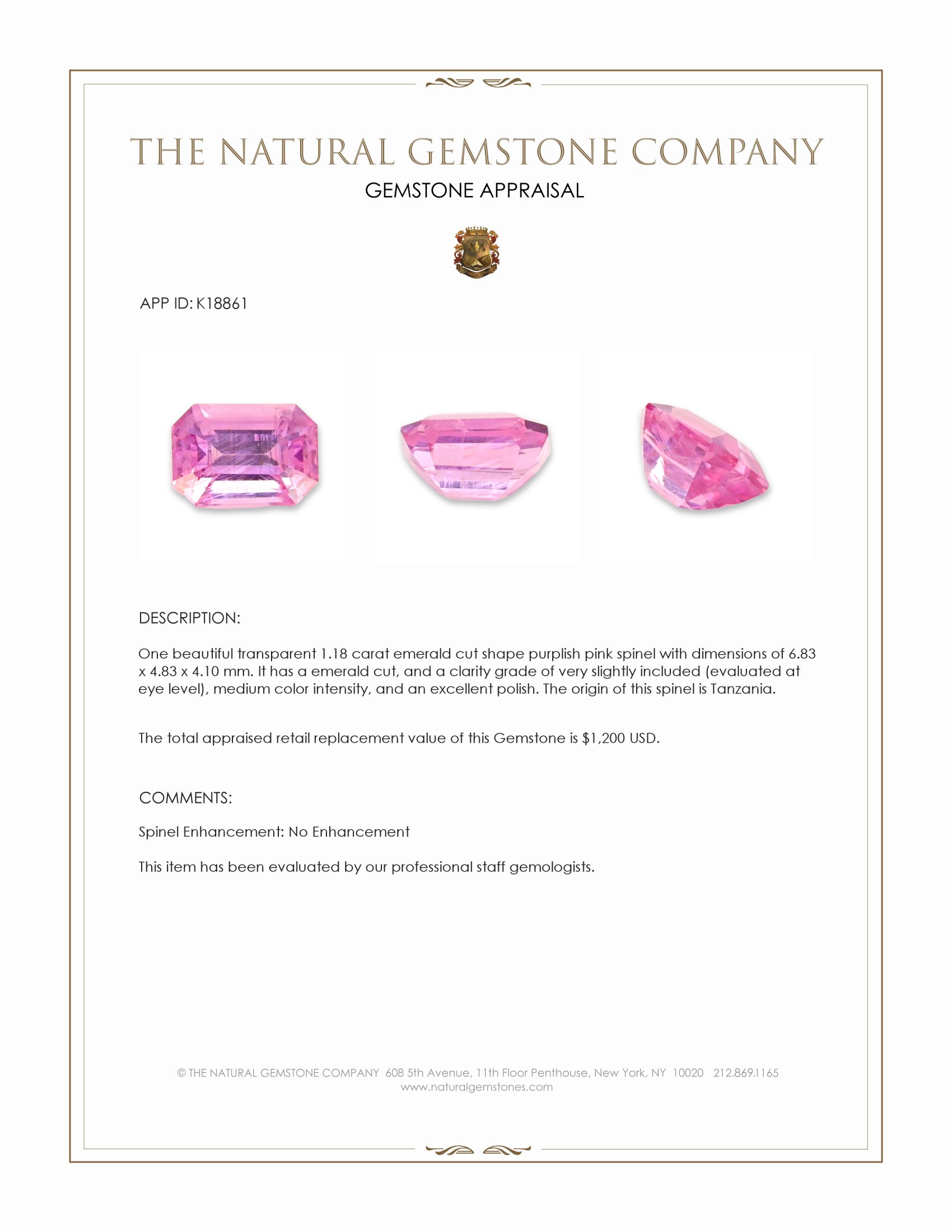 1.18 Ct. Spinel from Tanzania