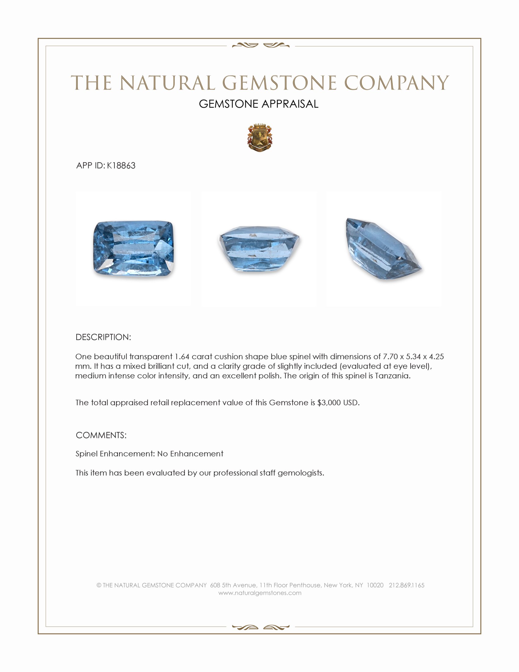 1.64 Ct. Blue Spinel from Tanzania