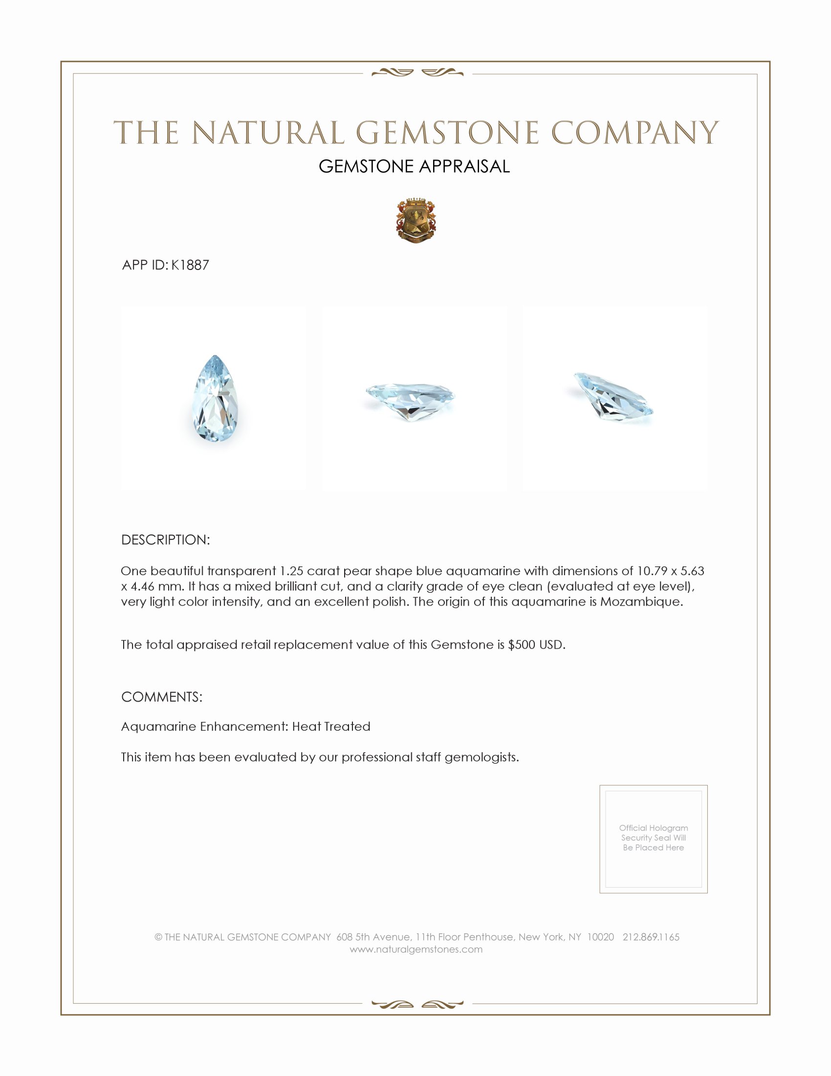 1.25 Ct. Aquamarine from Mozambique