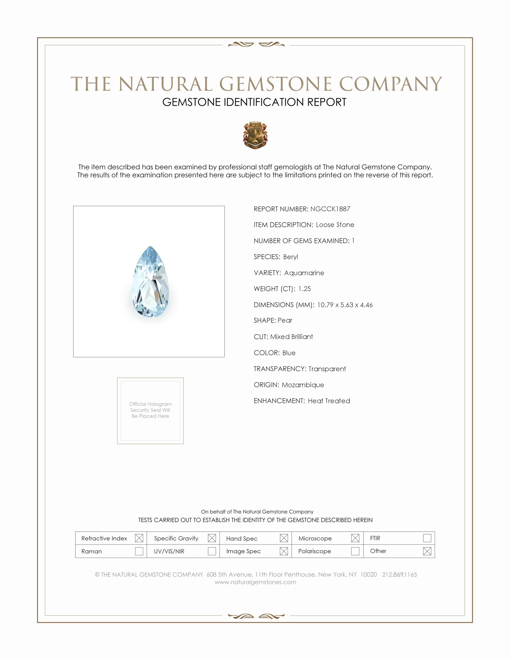 1.25 Ct. Blue Aquamarine from Mozambique