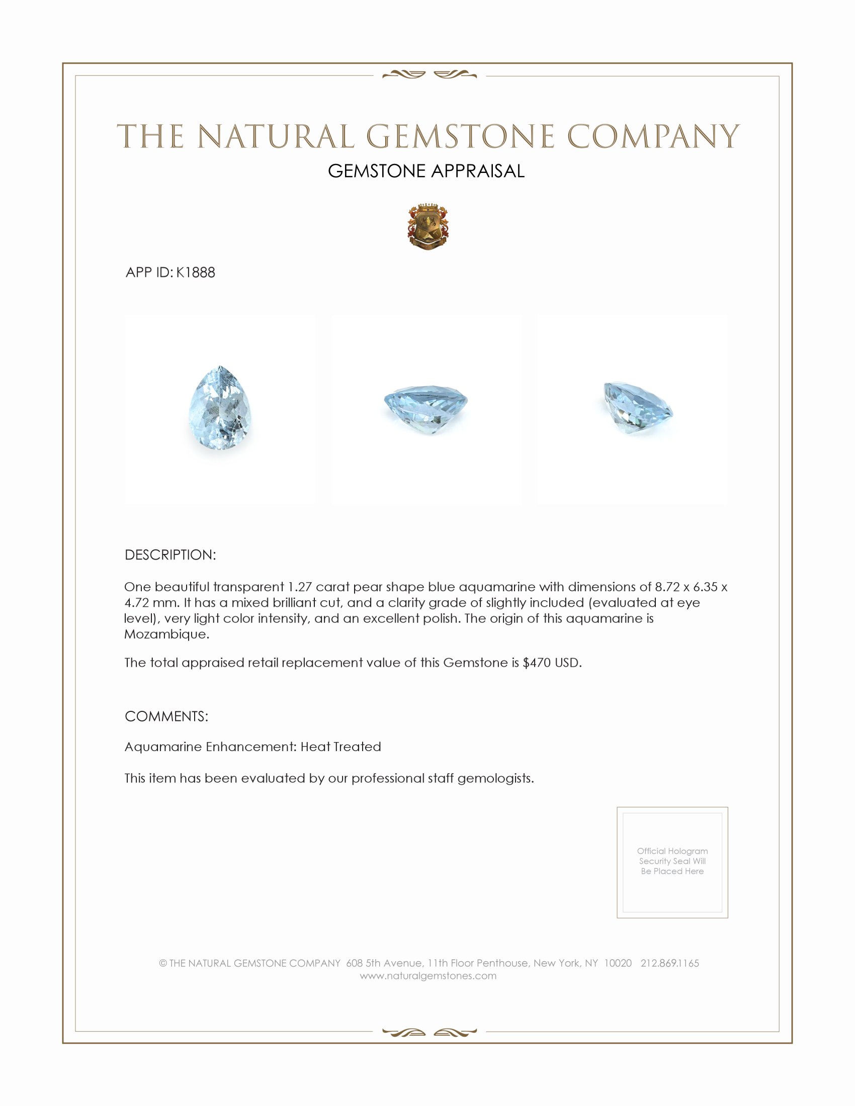 1.27 Ct. Blue Aquamarine from Mozambique