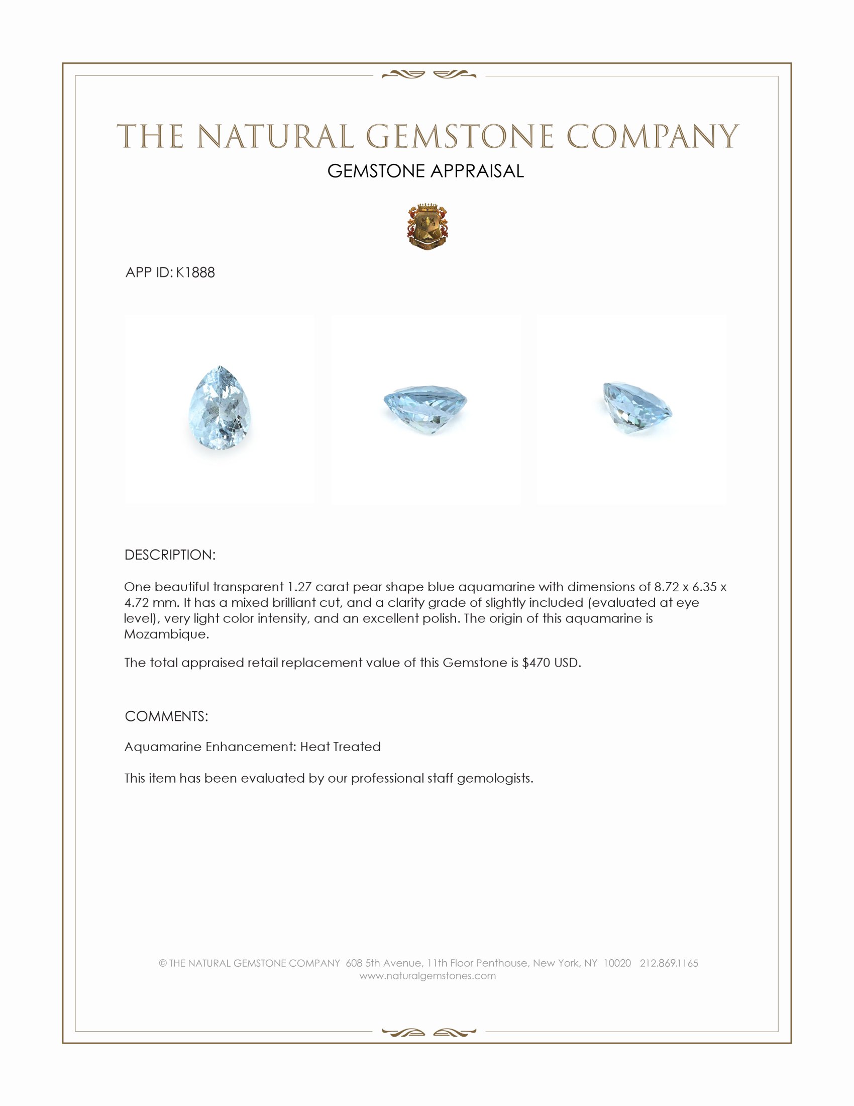 1.27 Ct. Aquamarine from Mozambique