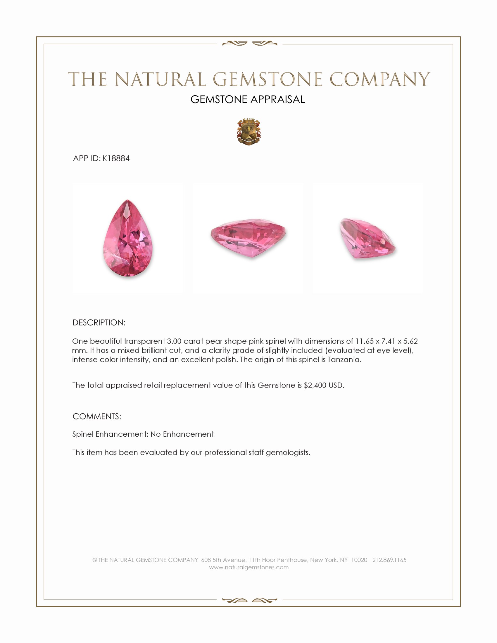 3.00 Ct. Reddish Pink Spinel from Tanzania