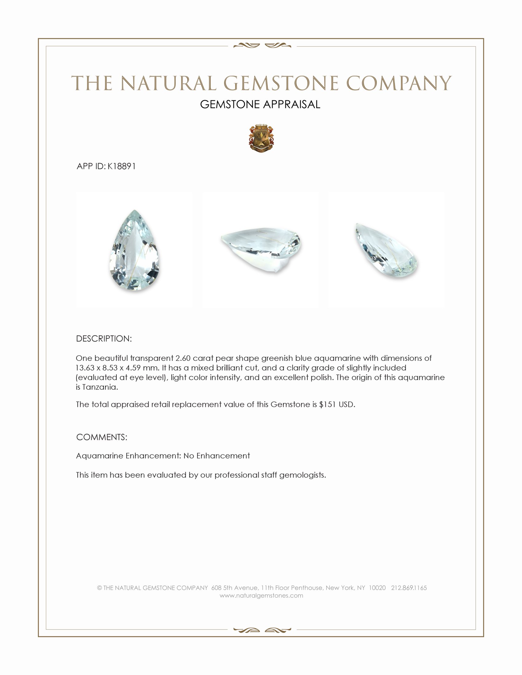 2.60 Ct. Greenish Blue Aquamarine from Tanzania