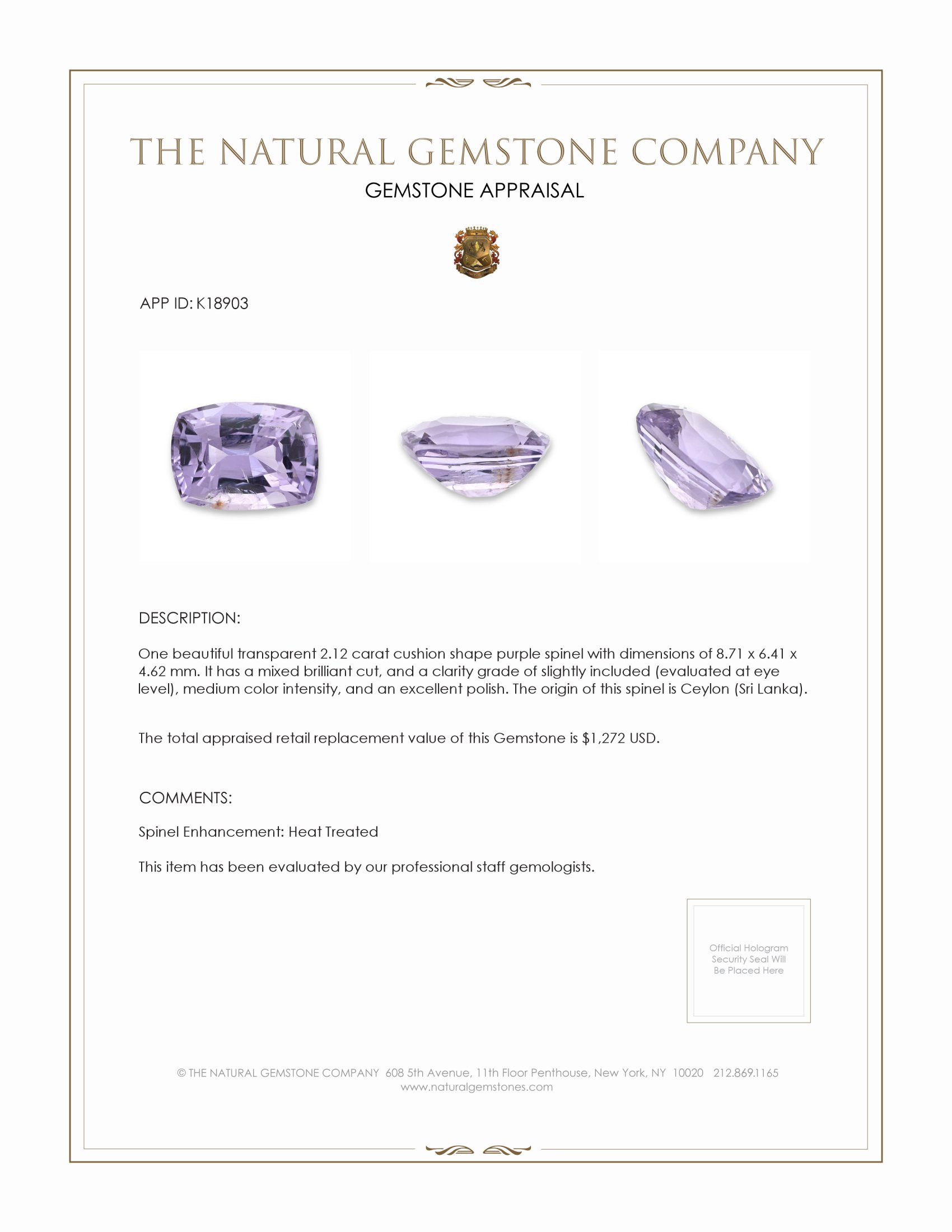 2.12 Ct. Purple Spinel from Ceylon (Sri Lanka)