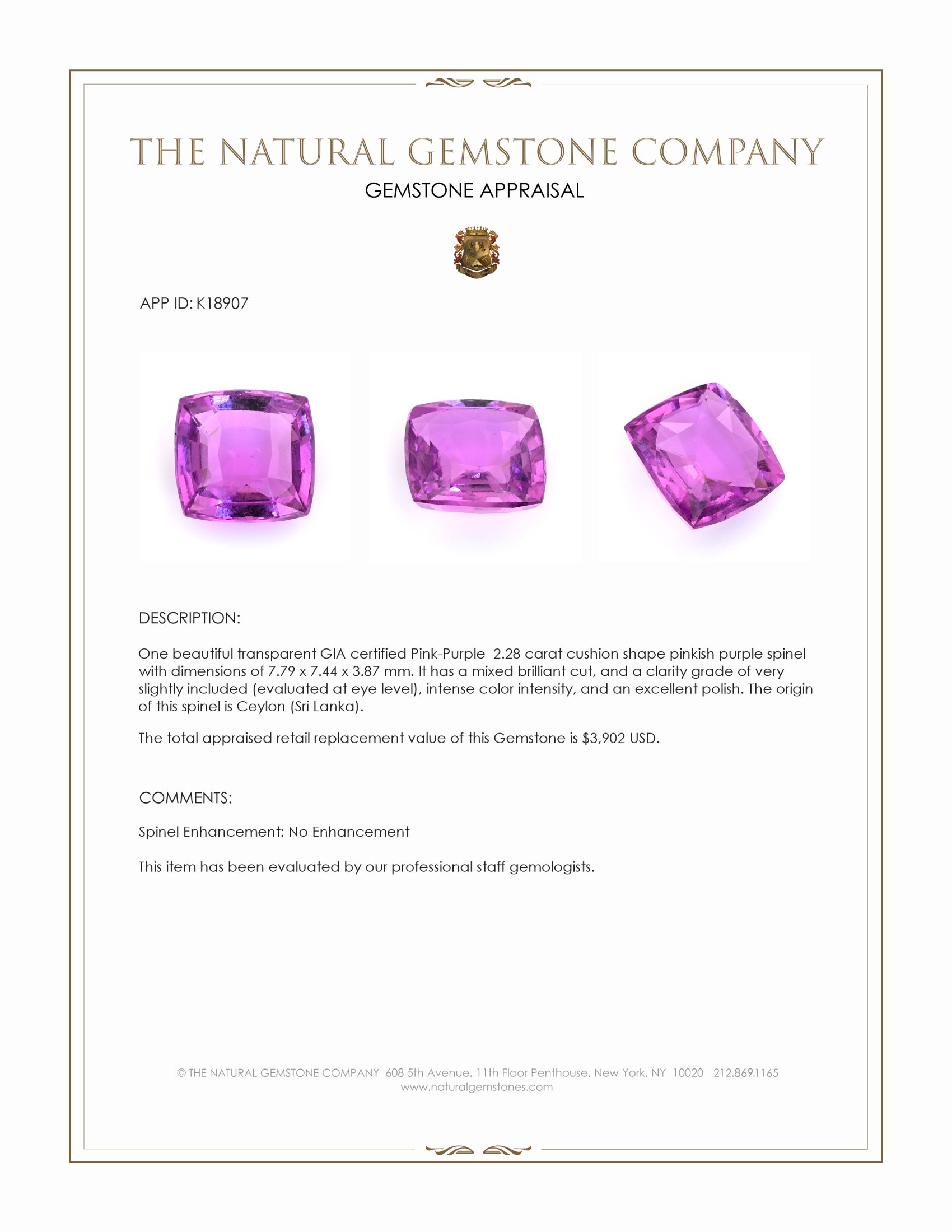2.28 Ct. Spinel from Ceylon (Sri Lanka)