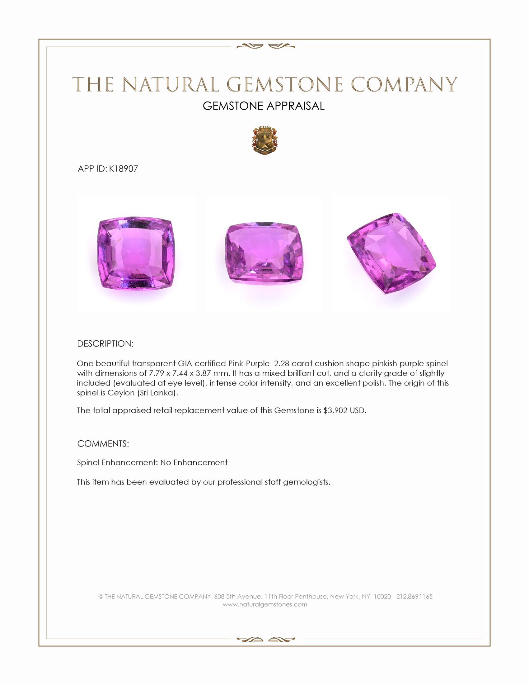 2.28 Ct. Pinkish Purple Spinel from Ceylon (Sri Lanka)