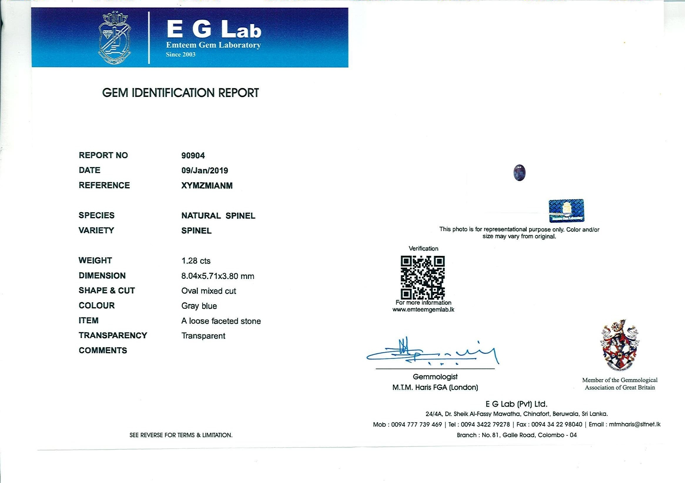 1.28 Ct. Blue Spinel from Ceylon (Sri Lanka)
