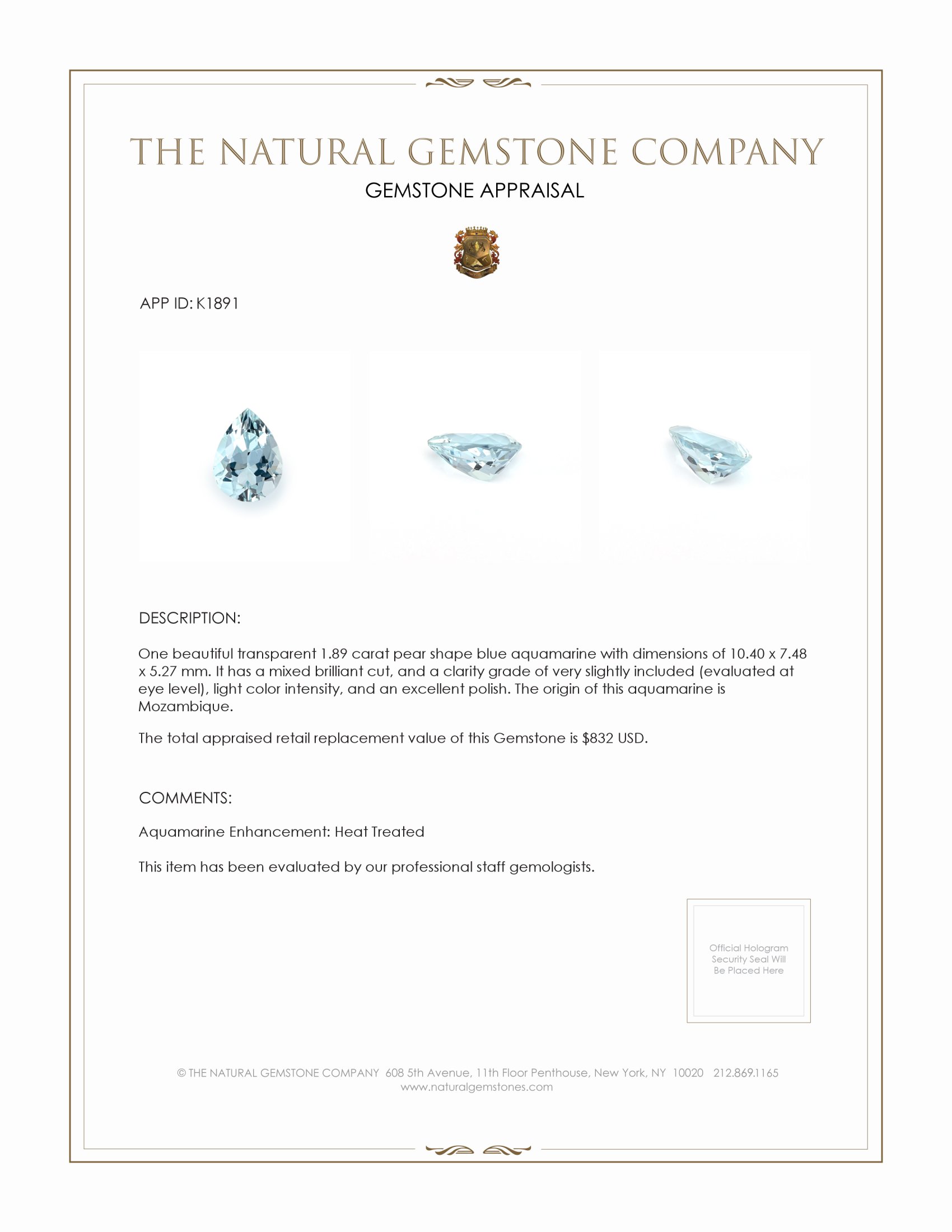 1.89 Ct. Blue Aquamarine from Mozambique