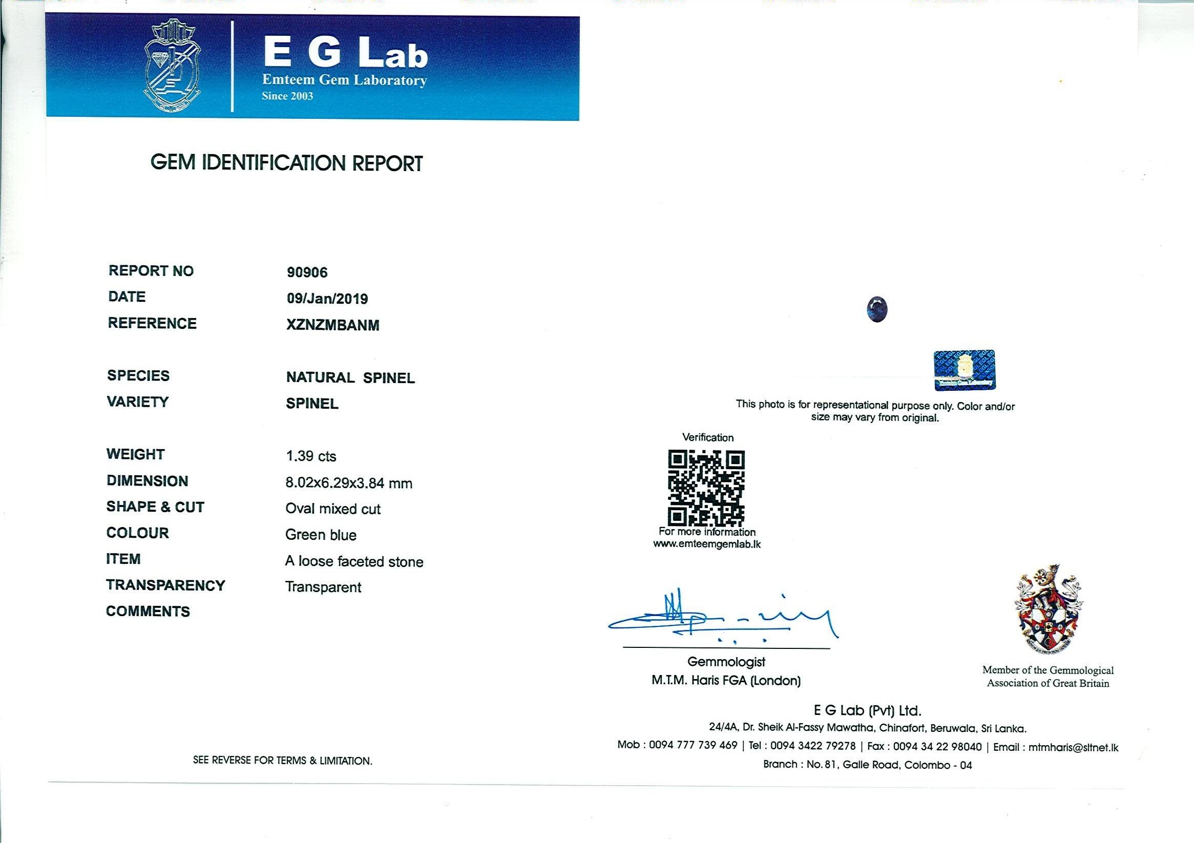 1.39 Ct. Spinel from Ceylon (Sri Lanka)