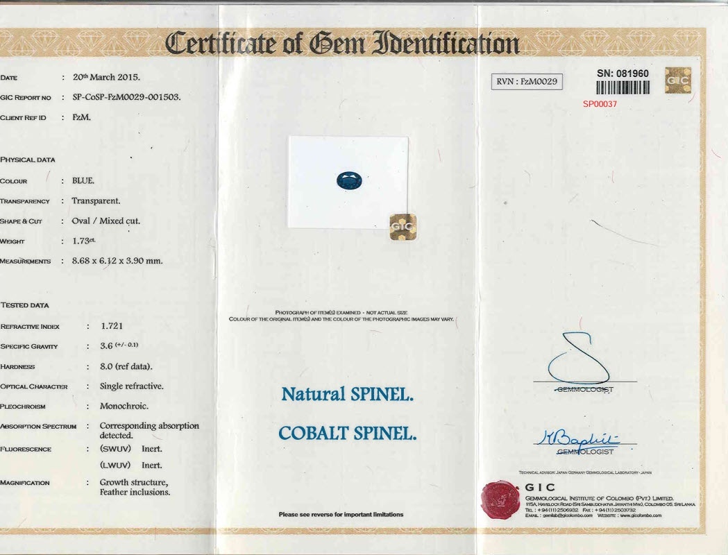 1.73 Ct. Spinel from Ceylon (Sri Lanka)