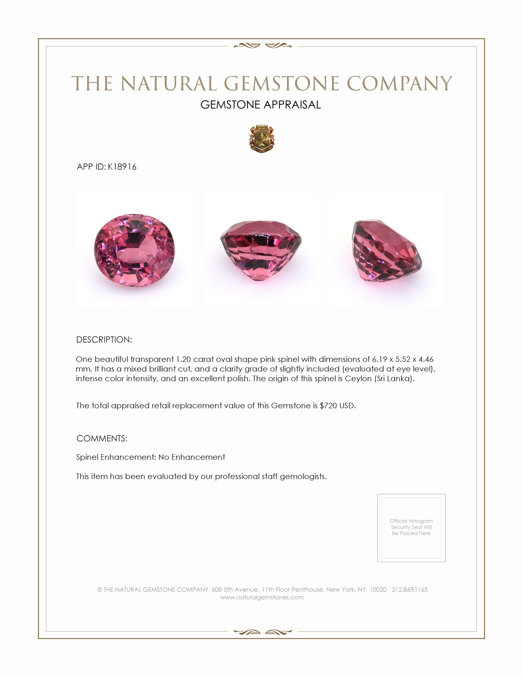 1.20 Ct. Spinel from Ceylon (Sri Lanka)