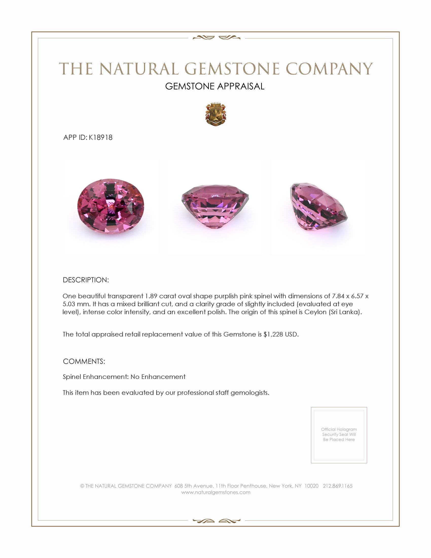 1.89 Ct. Purplish Pink Spinel from Ceylon (Sri Lanka)