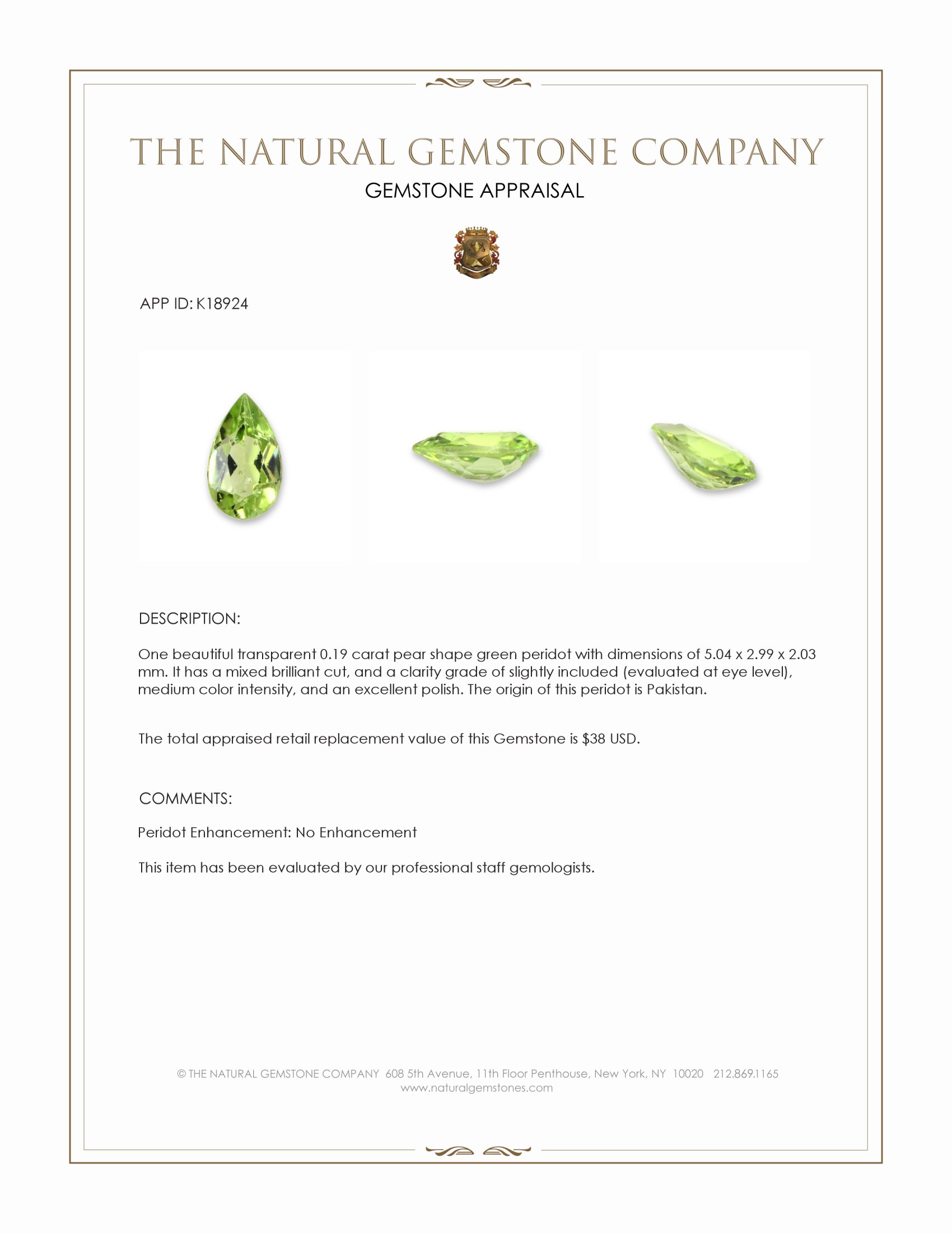 0.19 Ct. Green Peridot from Pakistan