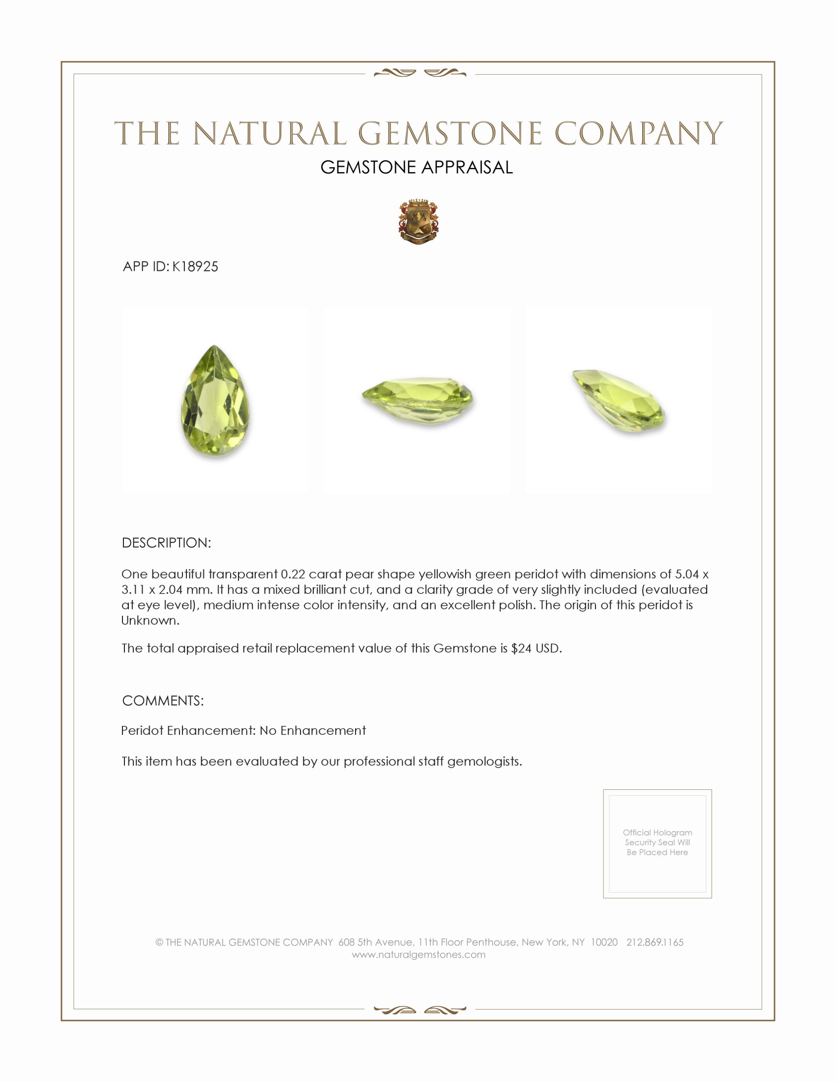 0.22 Ct. Yellowish Green Peridot from Pakistan