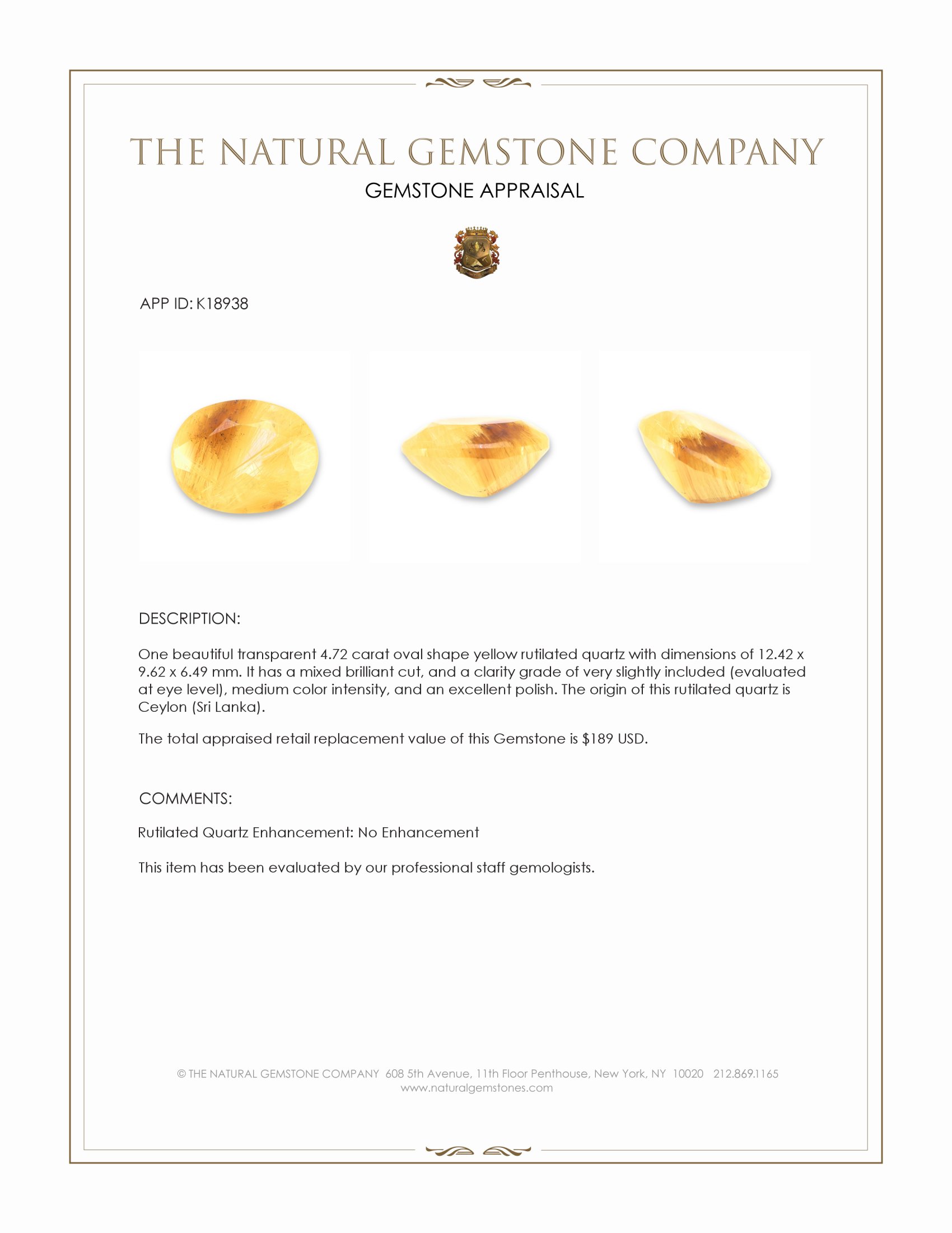 4.72 Ct. Yellow Rutilated Quartz from Ceylon (Sri Lanka)