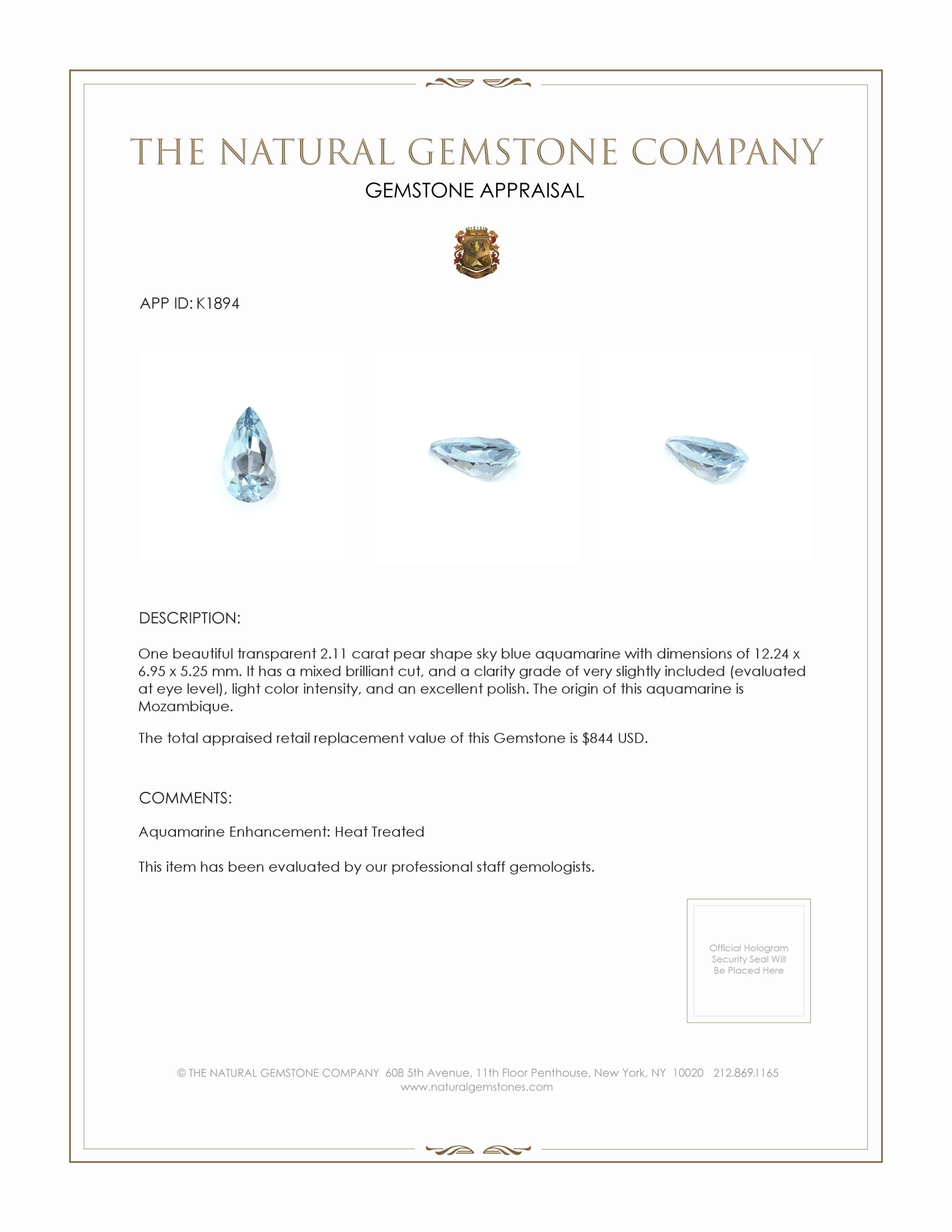 2.11 Ct. Aquamarine from Mozambique