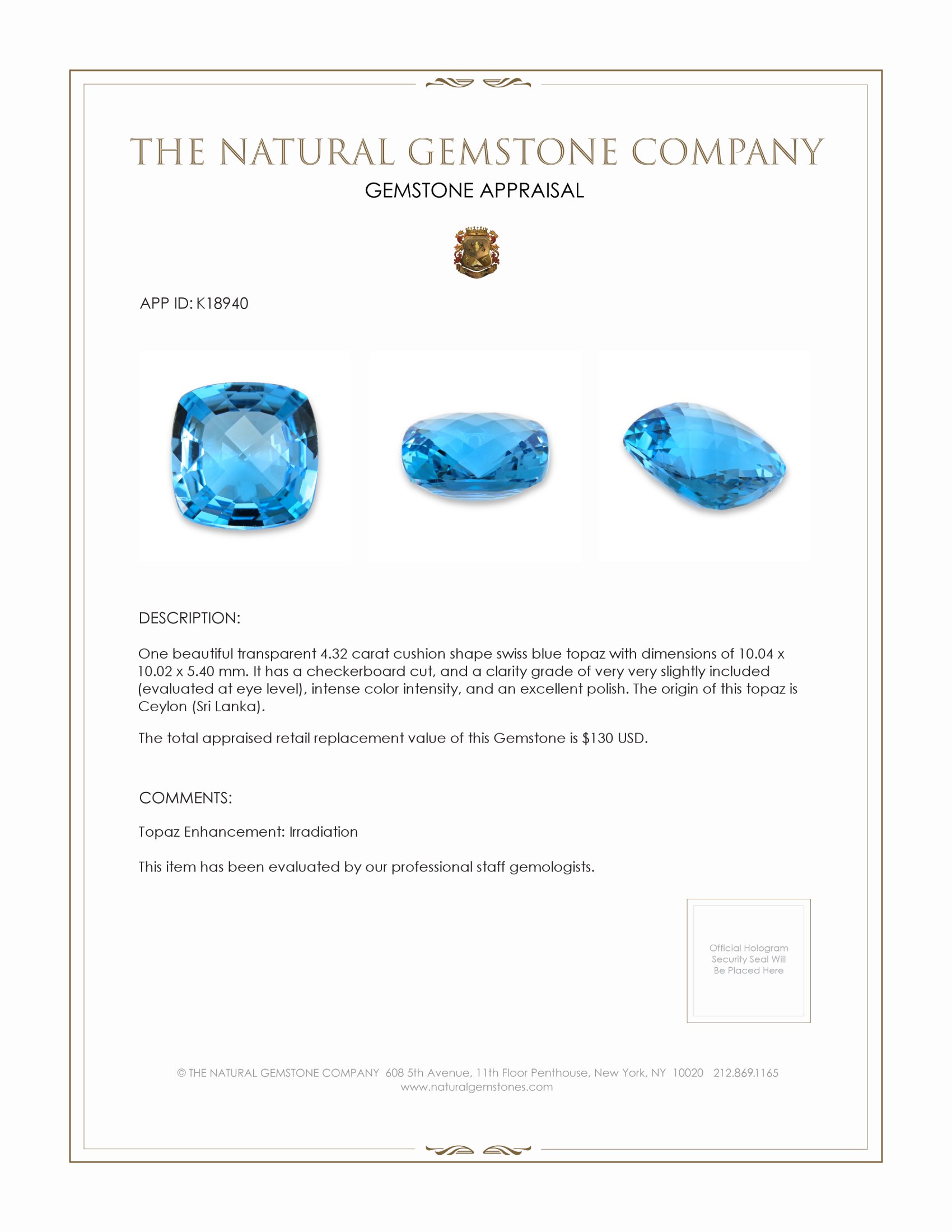 4.32 Ct. Topaz from Ceylon (Sri Lanka)