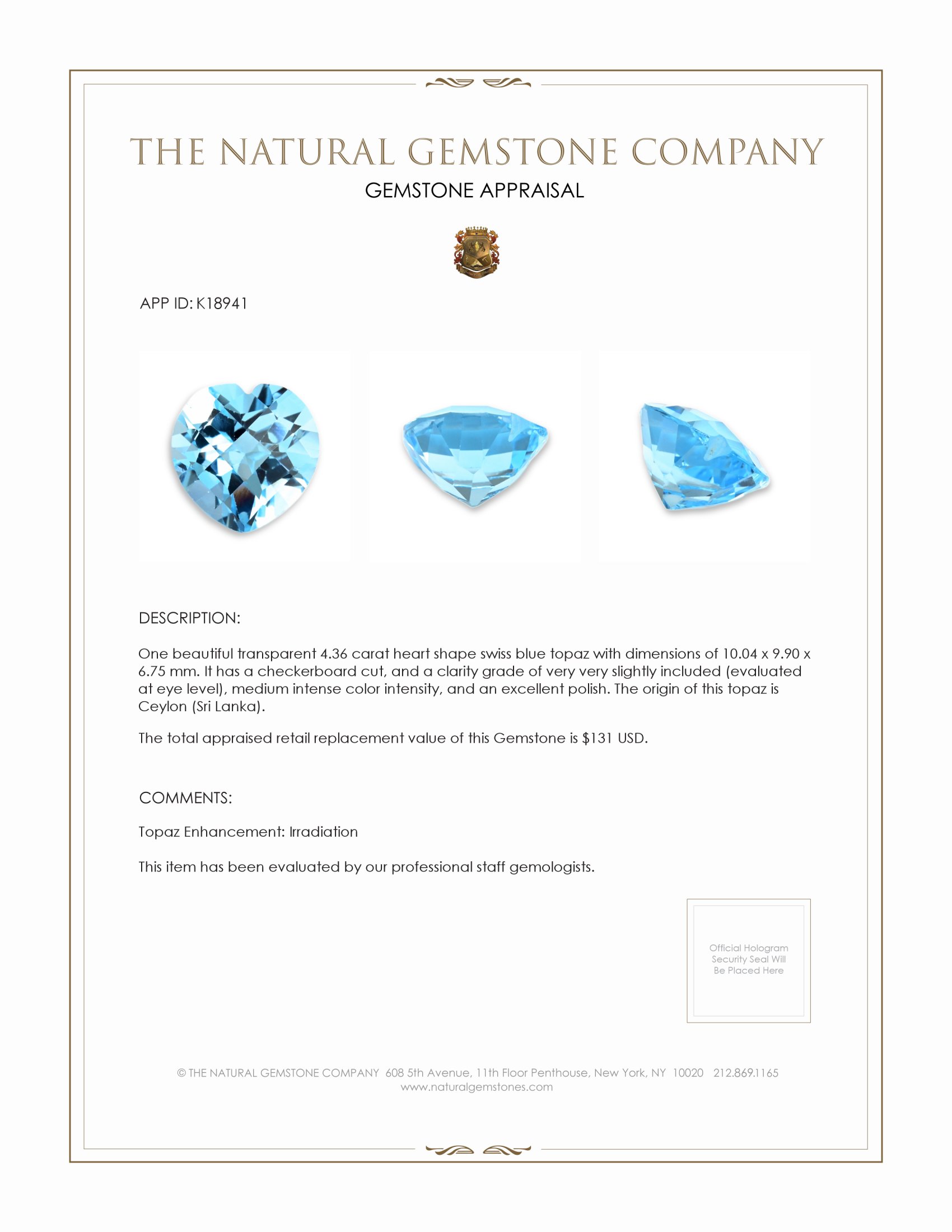 4.36 Ct. Swiss Blue Topaz from Ceylon (Sri Lanka)