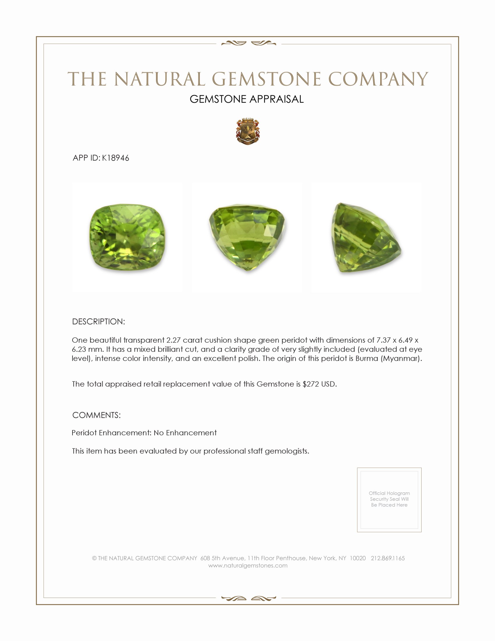 2.27 Ct. Green Peridot from Burma (Myanmar)