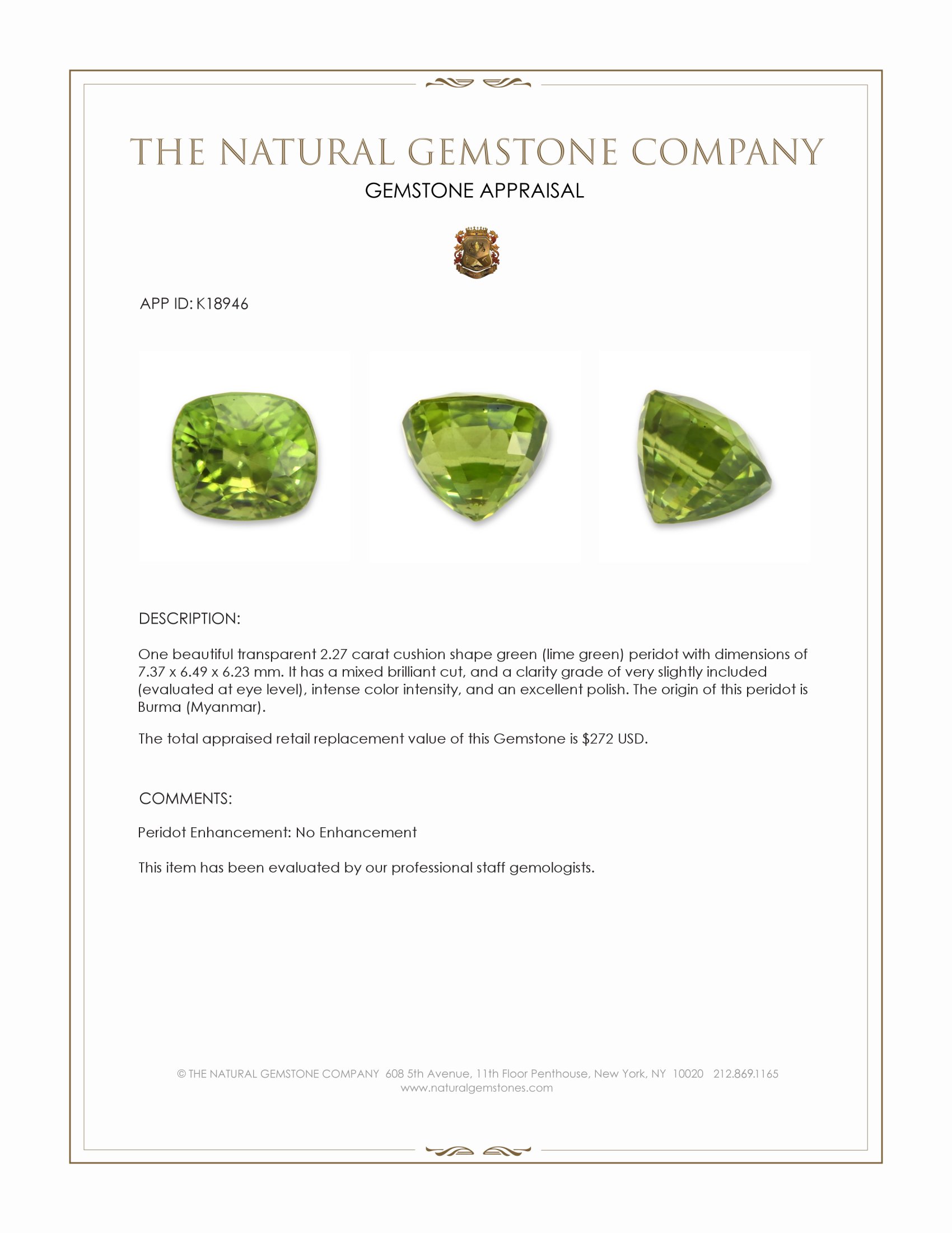 2.27 Ct. Green (Lime Green) Peridot from Burma (Myanmar)