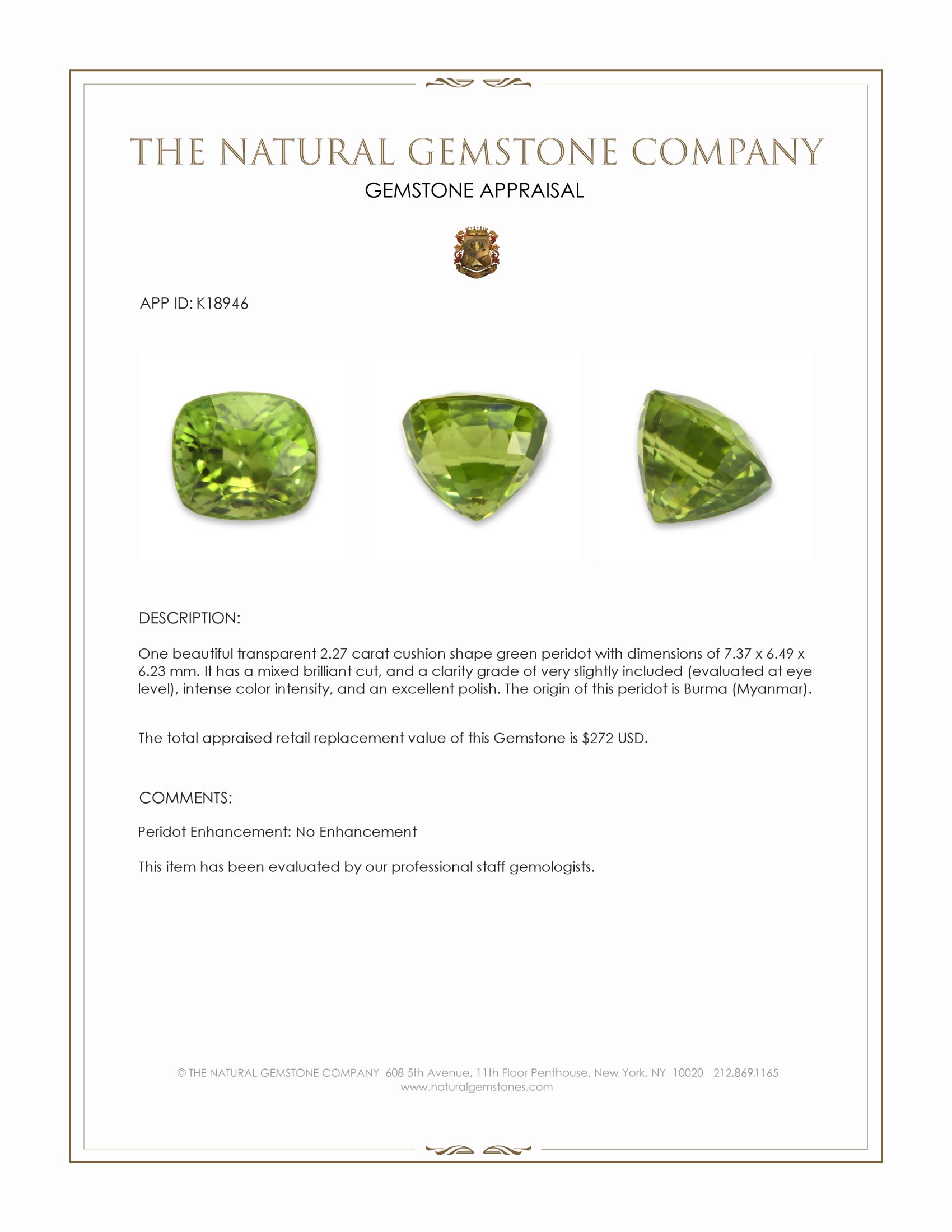 2.27 Ct. Peridot from Burma (Myanmar)