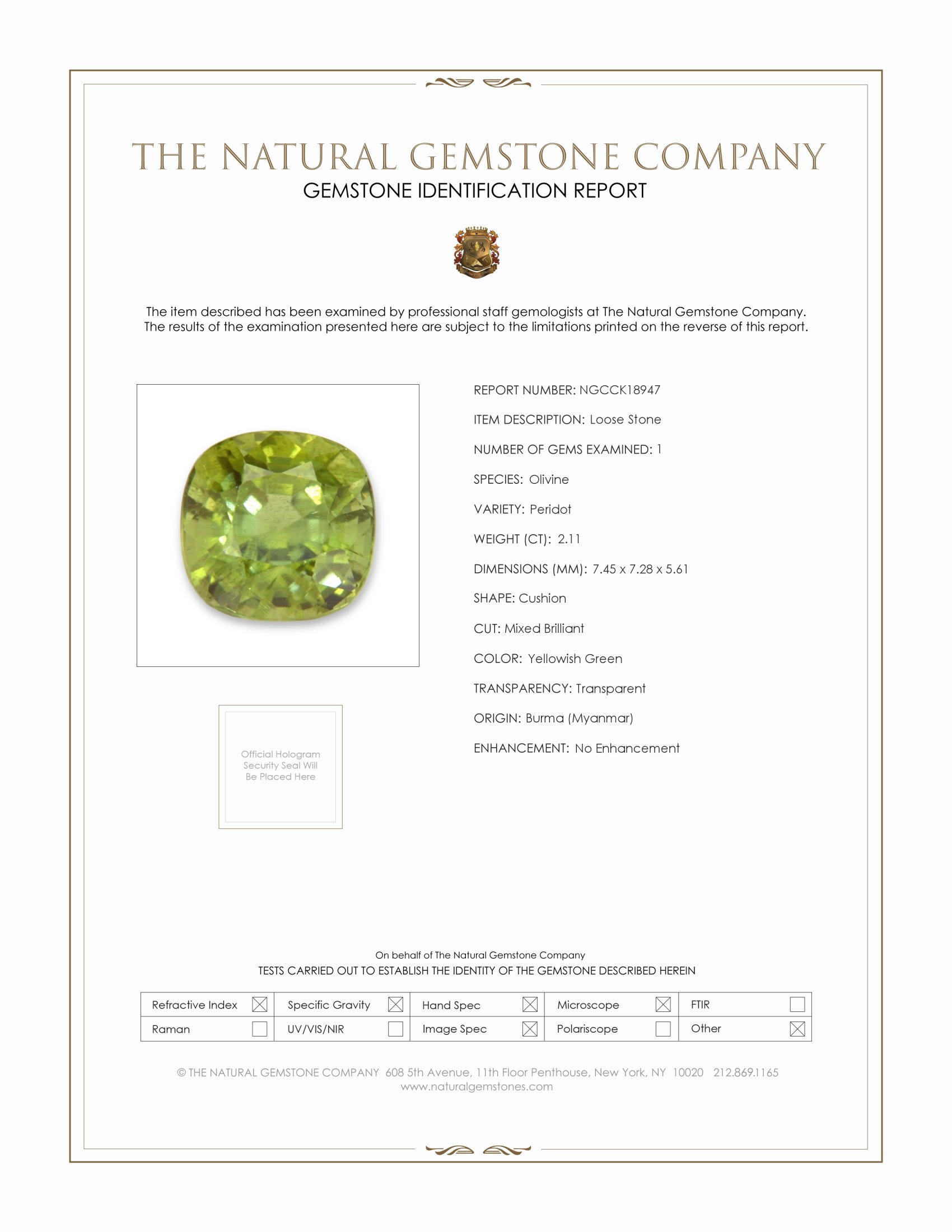 2.11 Ct. Yellowish Green Peridot from Burma (Myanmar)