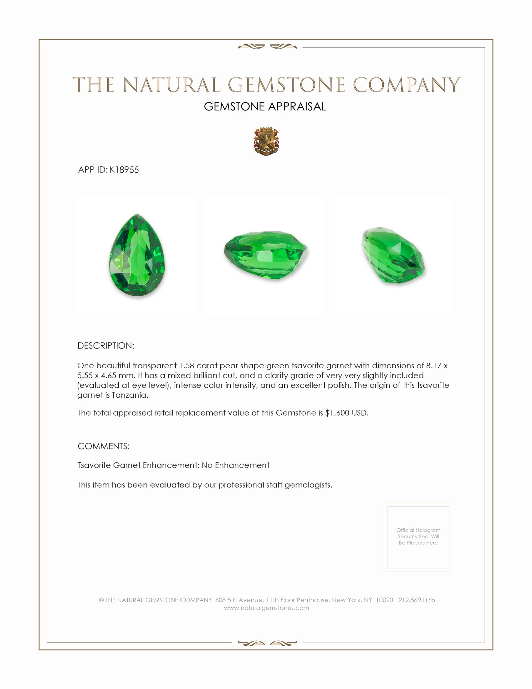 1.58 Ct. Tsavorite Garnet from Tanzania