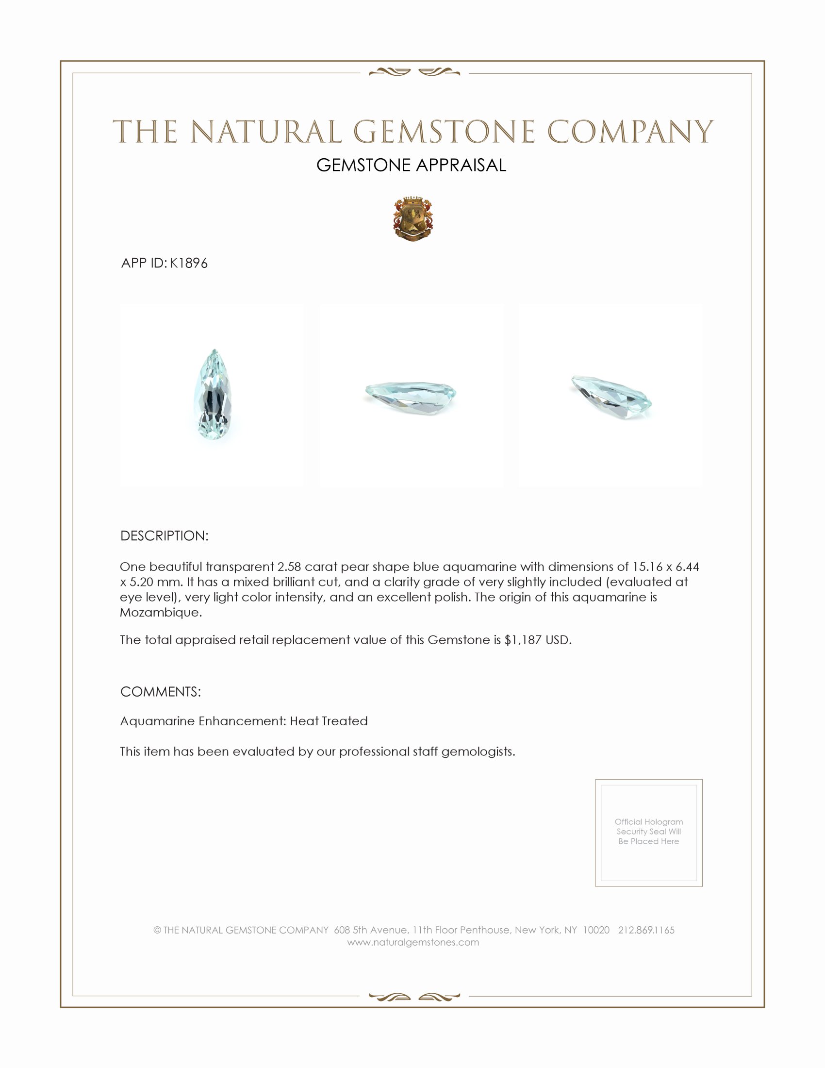 2.58 Ct. Aquamarine from Mozambique