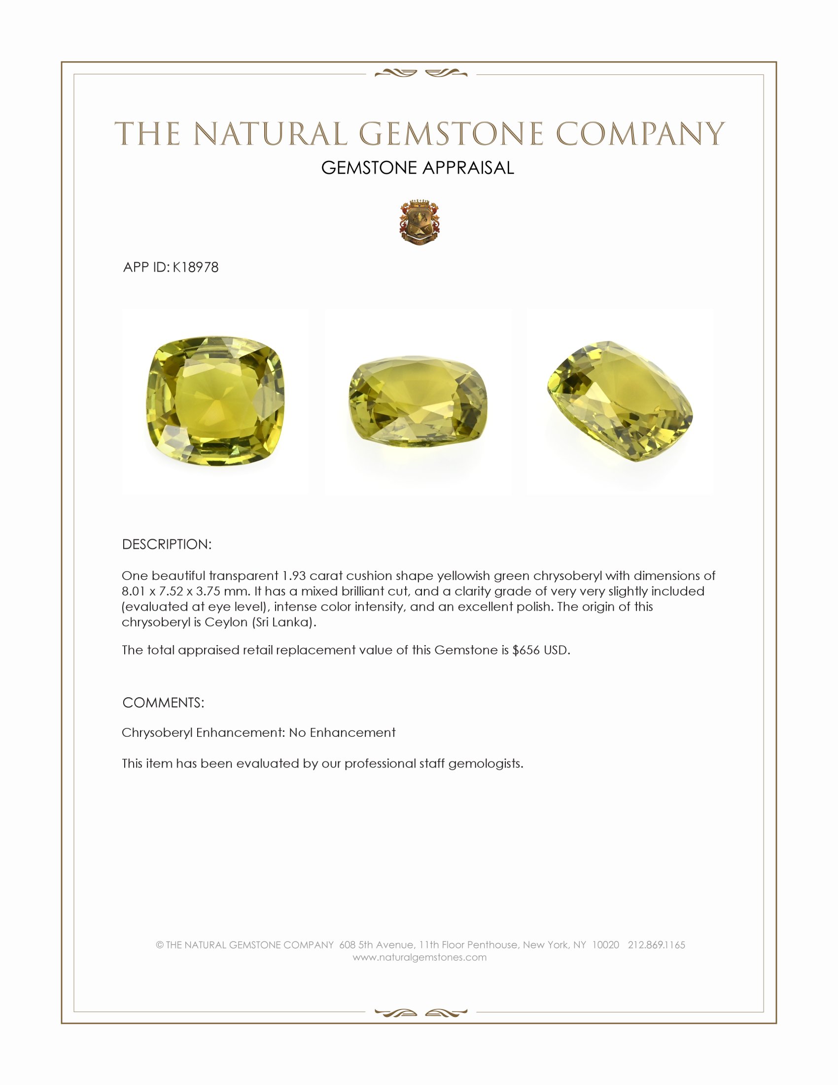1.93 Ct. Yellowish Green Chrysoberyl from Ceylon (Sri Lanka)