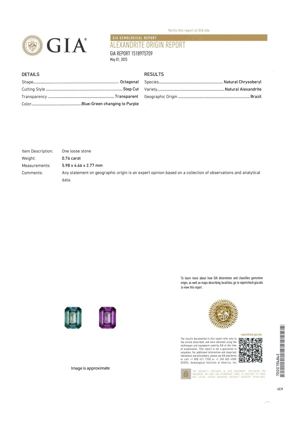 0.76 Ct. Alexandrite from Brazil