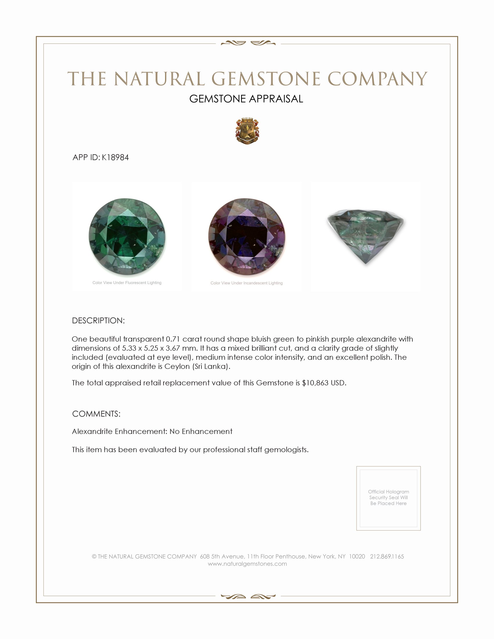 0.71 Ct. Alexandrite from Ceylon (Sri Lanka)