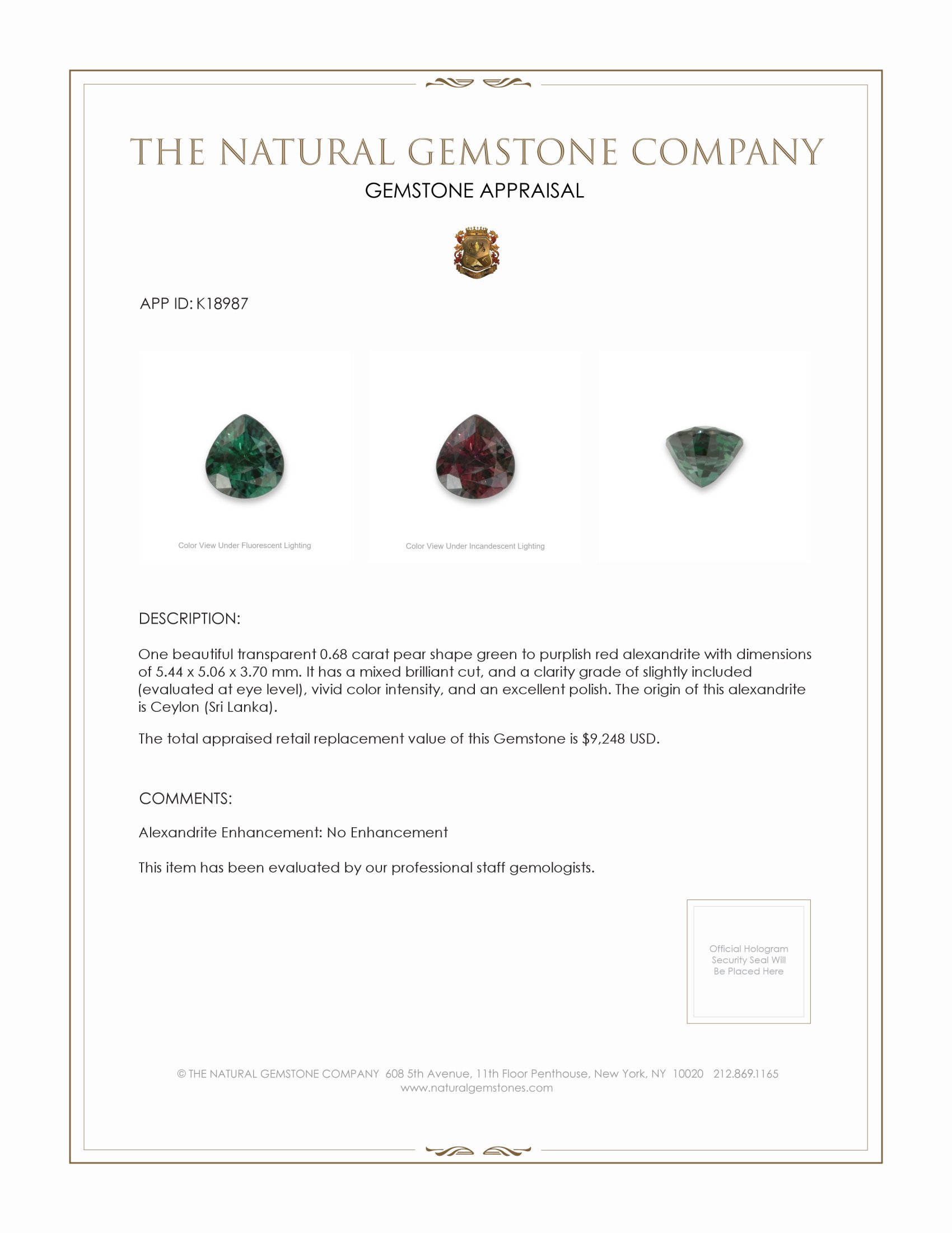 0.68 Ct. Alexandrite from Ceylon (Sri Lanka)