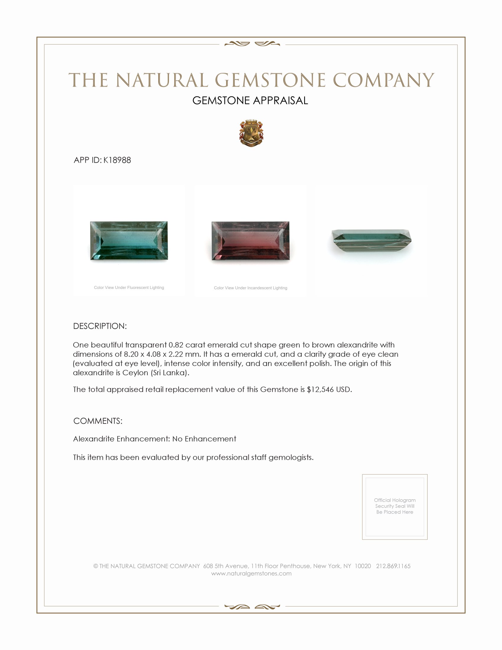 0.82 Ct. Alexandrite from Brazil