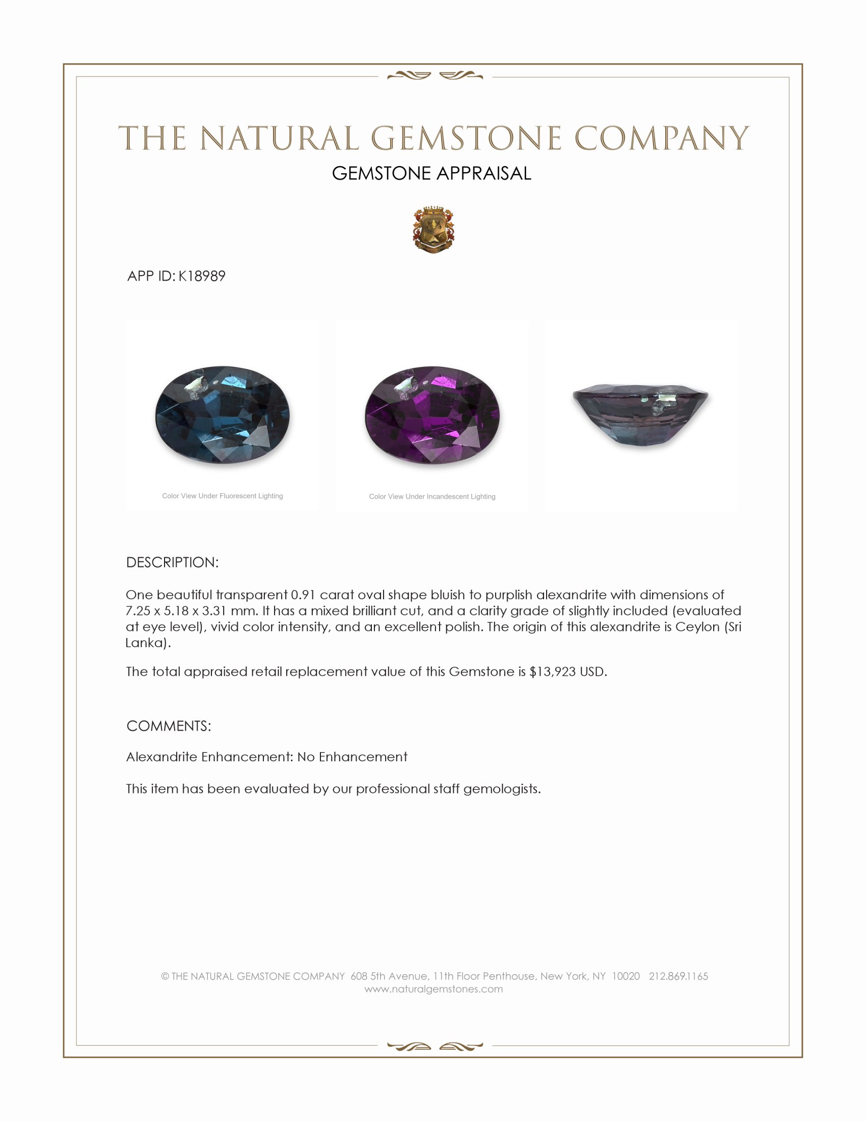 0.91 Ct. Alexandrite from Ceylon (Sri Lanka)