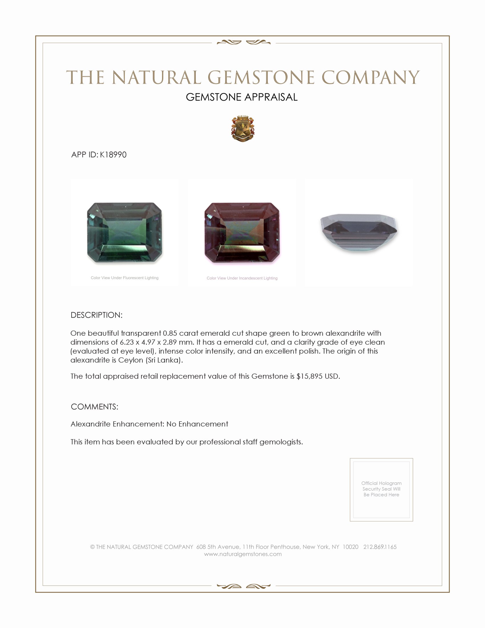 0.85 Ct. Alexandrite from Brazil