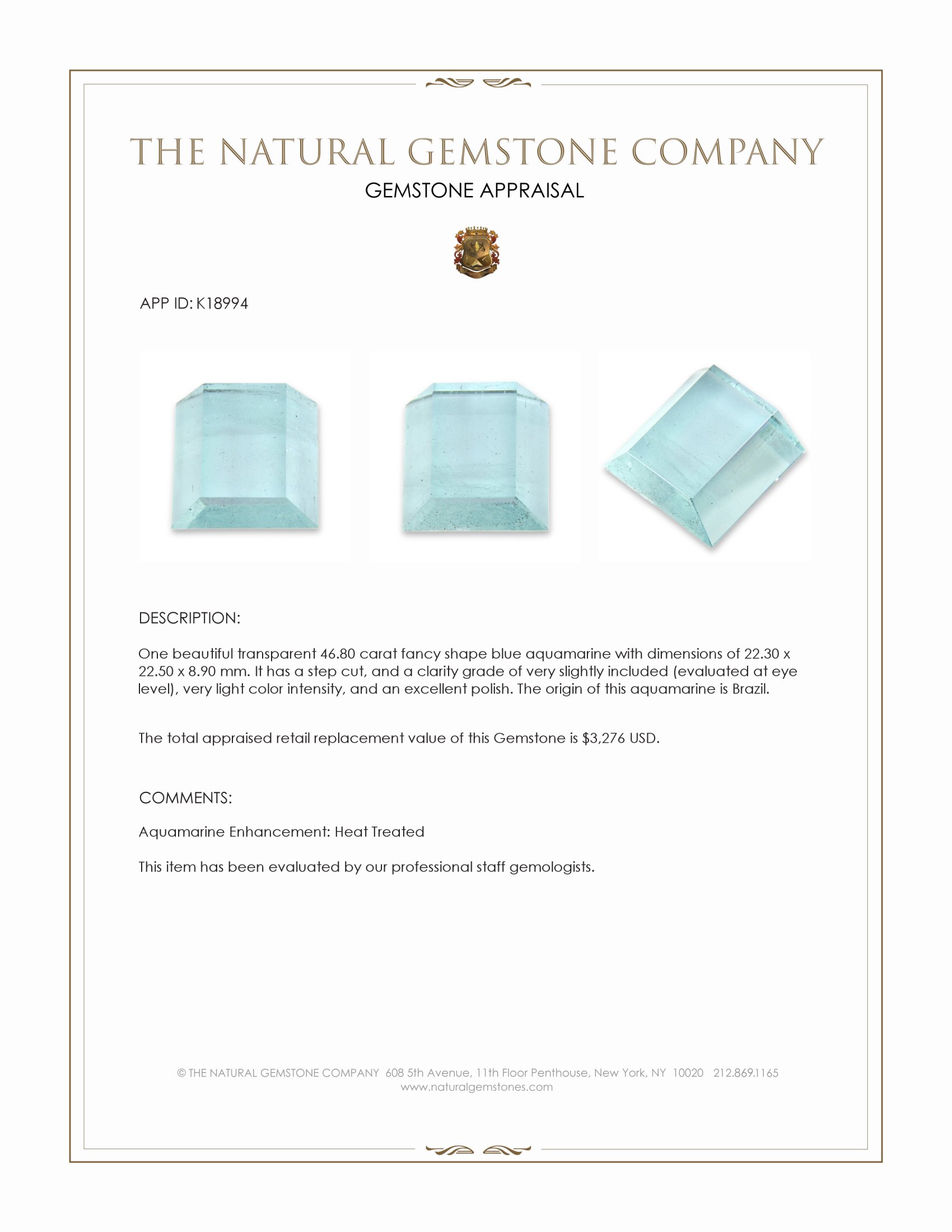 46.80 Ct. Blue Aquamarine from Brazil