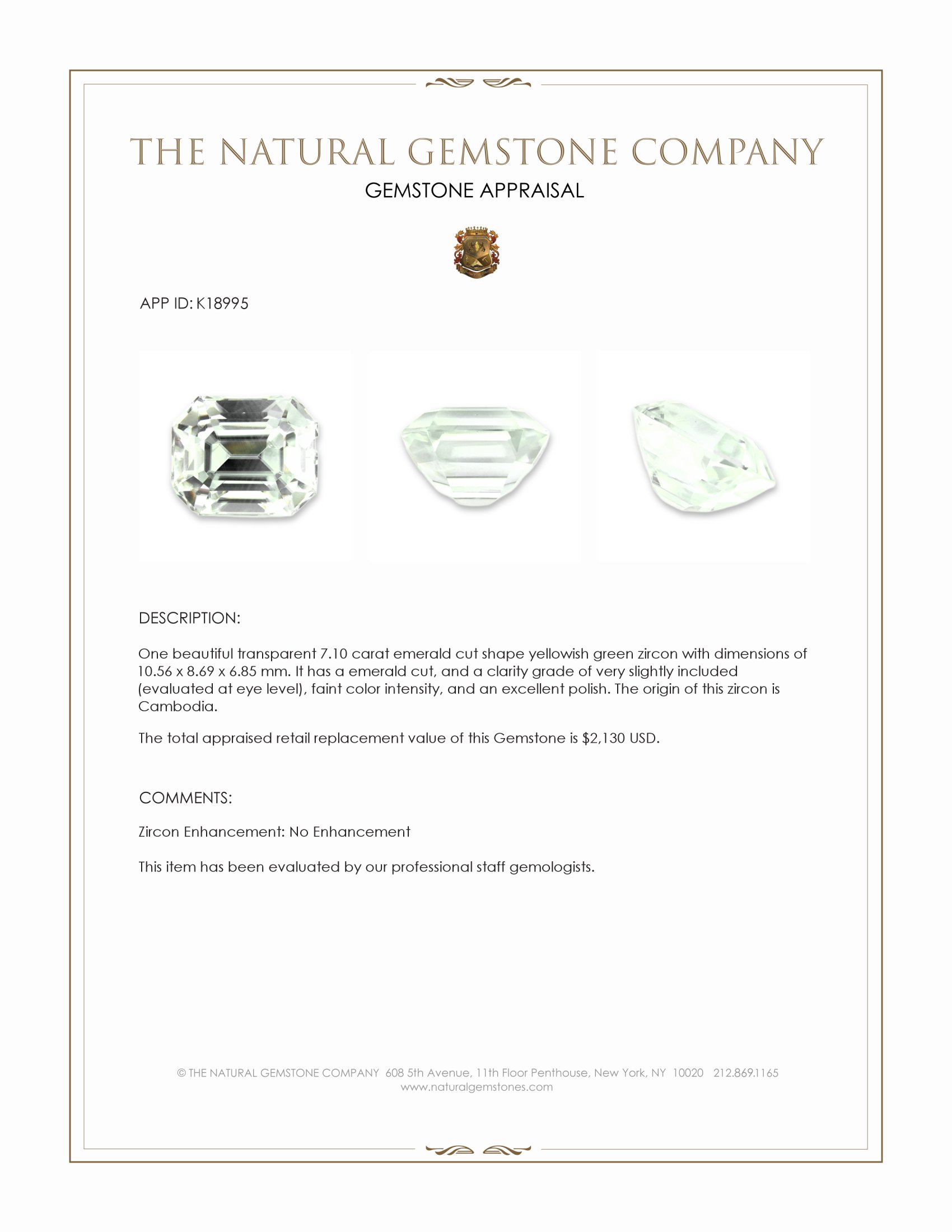 7.10 Ct. Yellowish Green Zircon from Cambodia