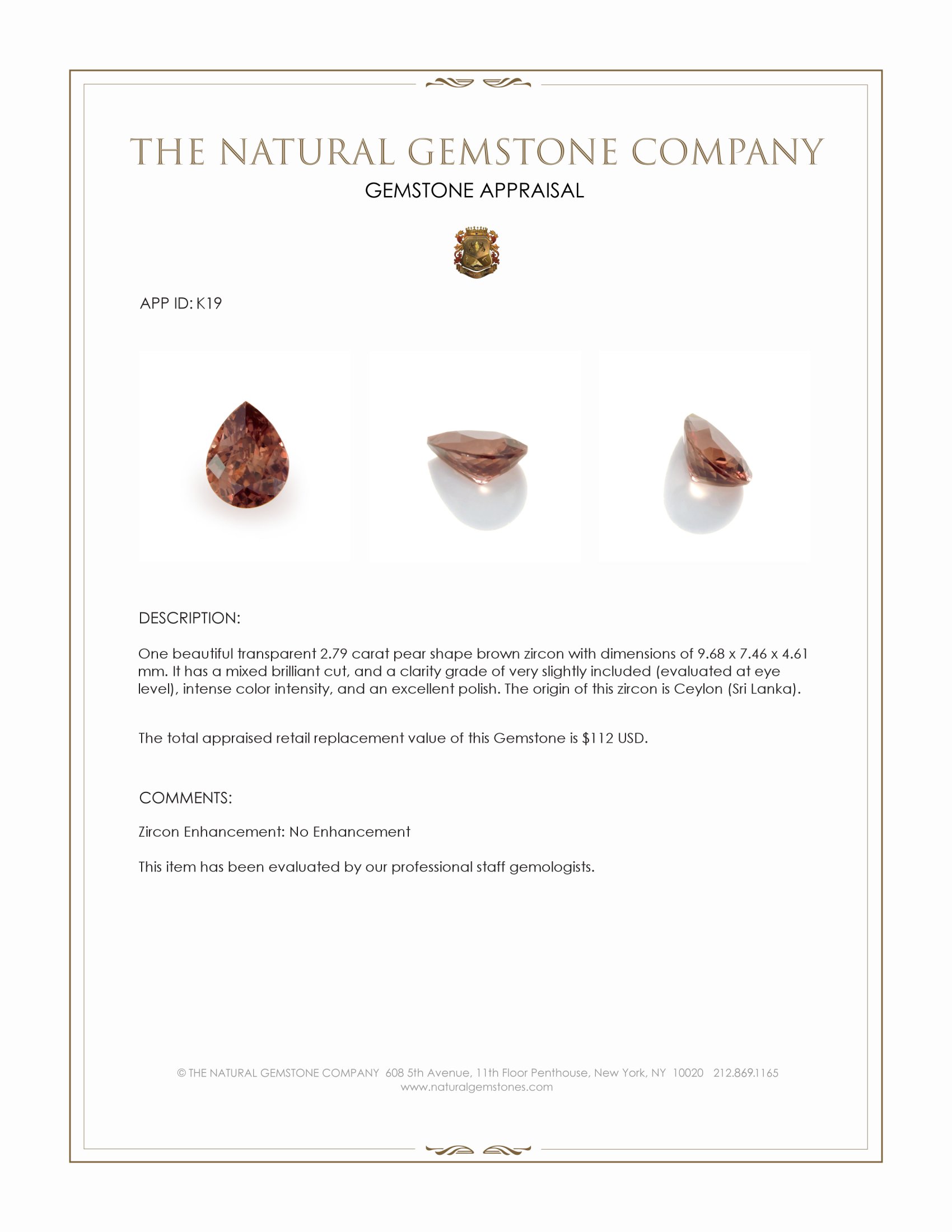 2.79 Ct. Brown Zircon from Ceylon (Sri Lanka)