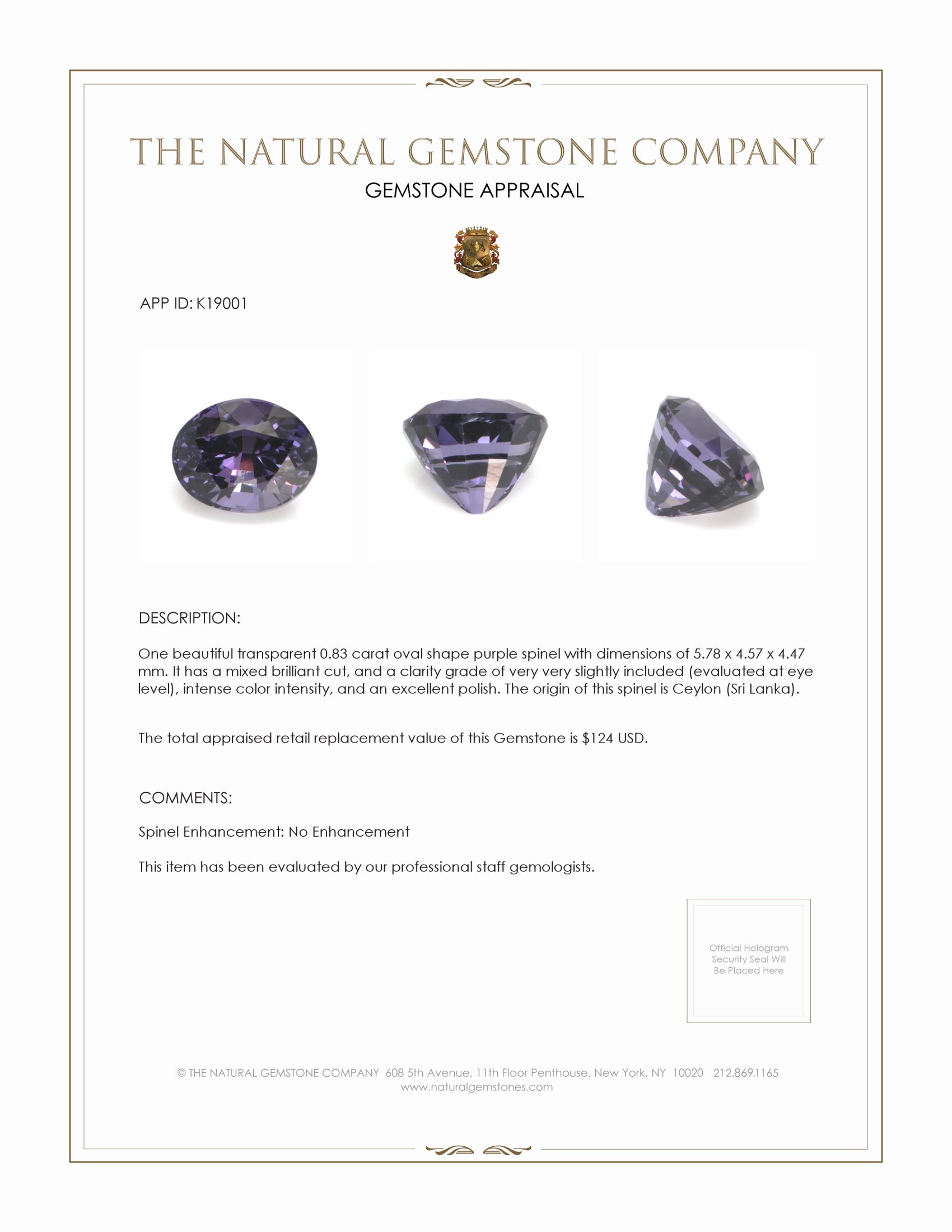 0.83 Ct. Purple Spinel from Ceylon (Sri Lanka)