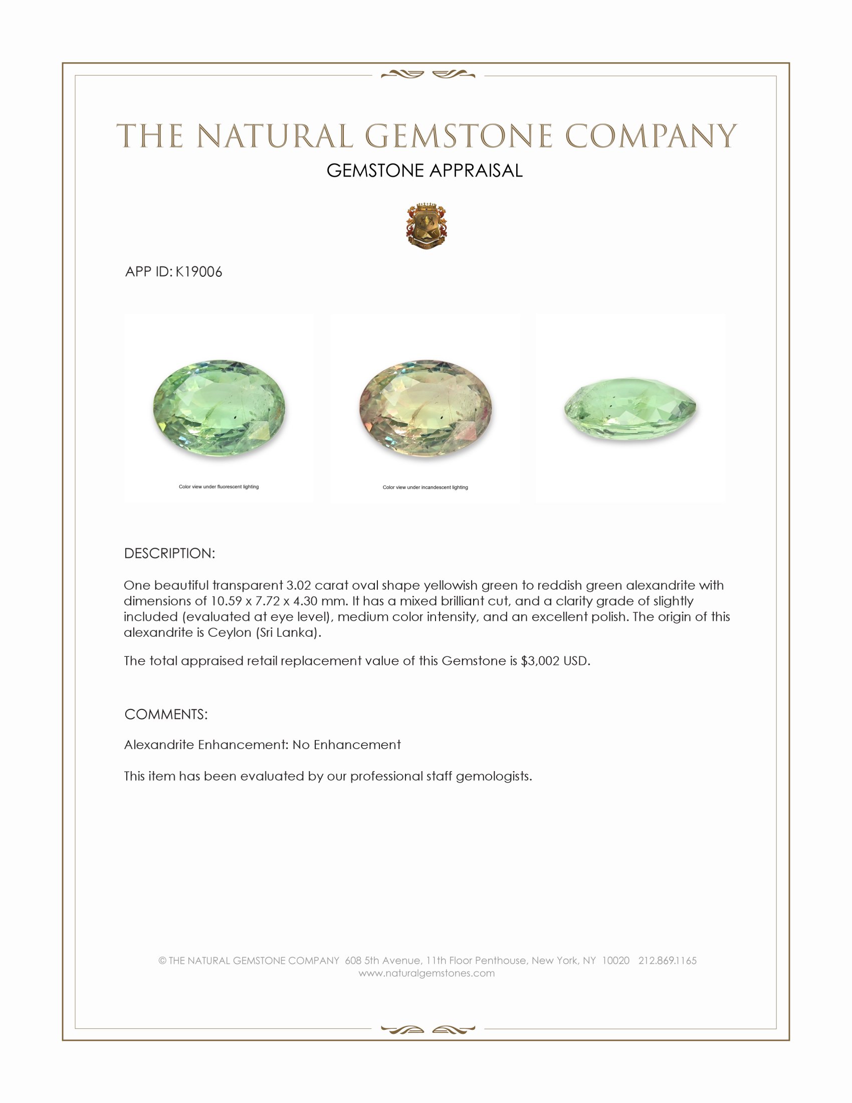 3.02 Ct. Alexandrite from Ceylon (Sri Lanka)