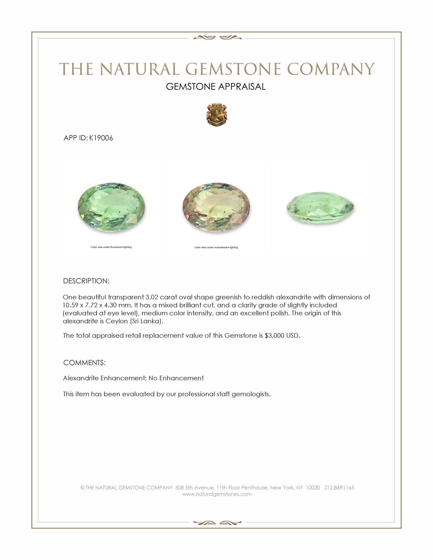 3.02 Ct. Alexandrite from Ceylon (Sri Lanka)