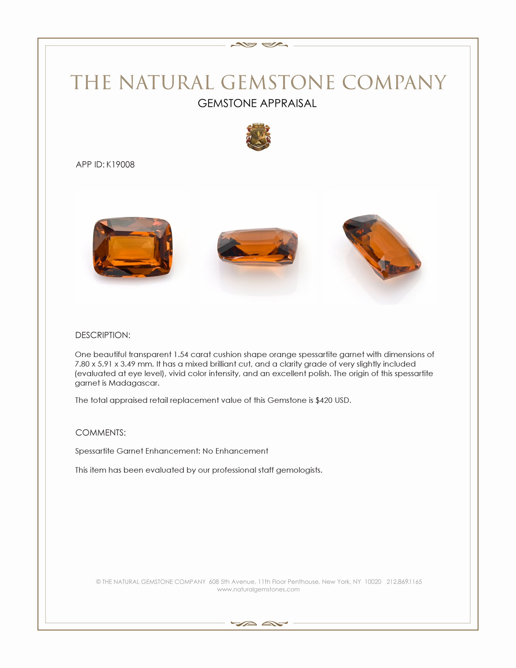 1.54 Ct. Spessartite Garnet from Madagascar