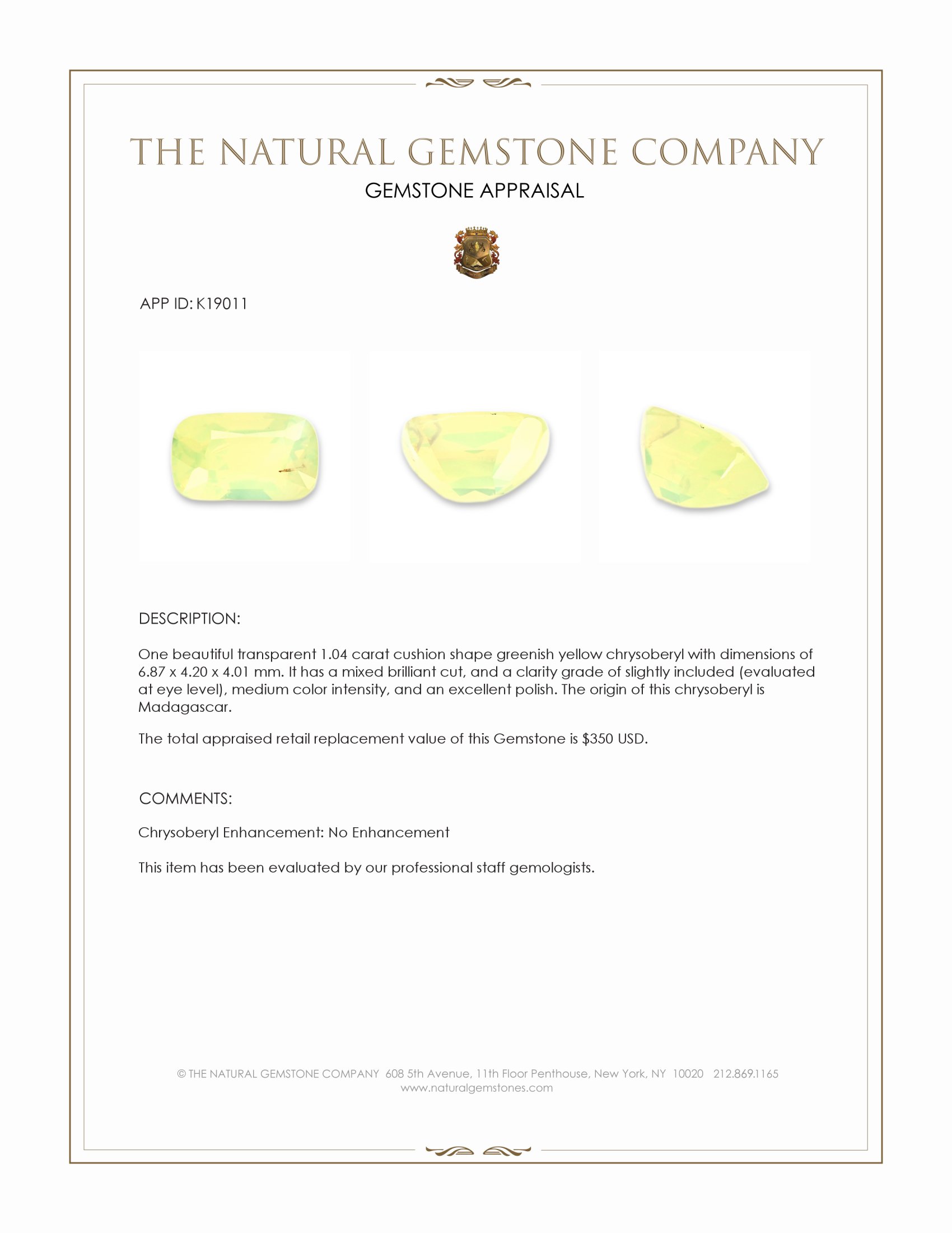 1.04 Ct. Chrysoberyl from Madagascar