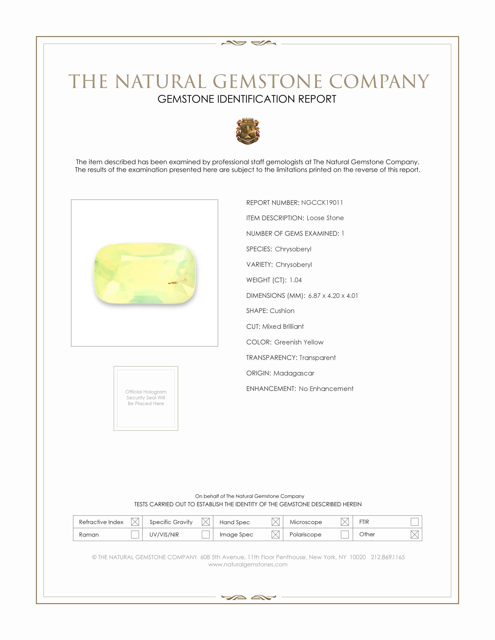 1.04 Ct. Greenish Yellow Chrysoberyl from Madagascar