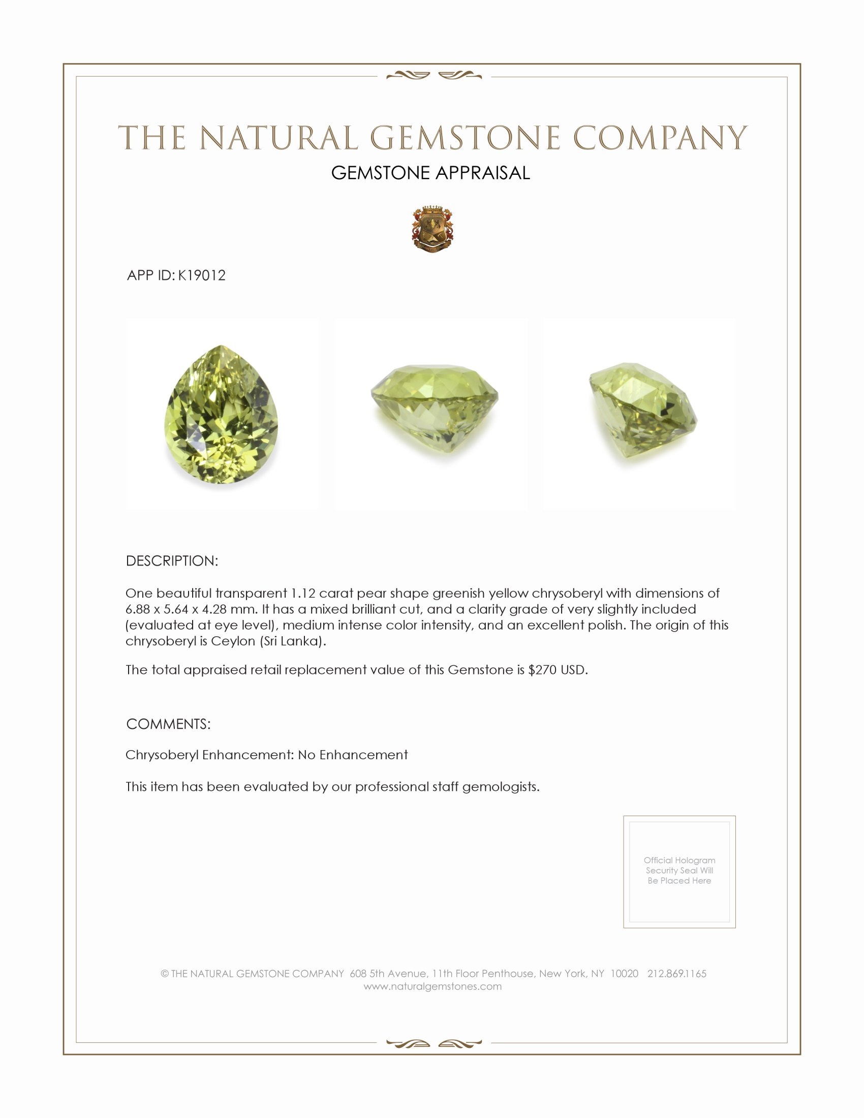 1.12 Ct. Chrysoberyl from Ceylon (Sri Lanka)